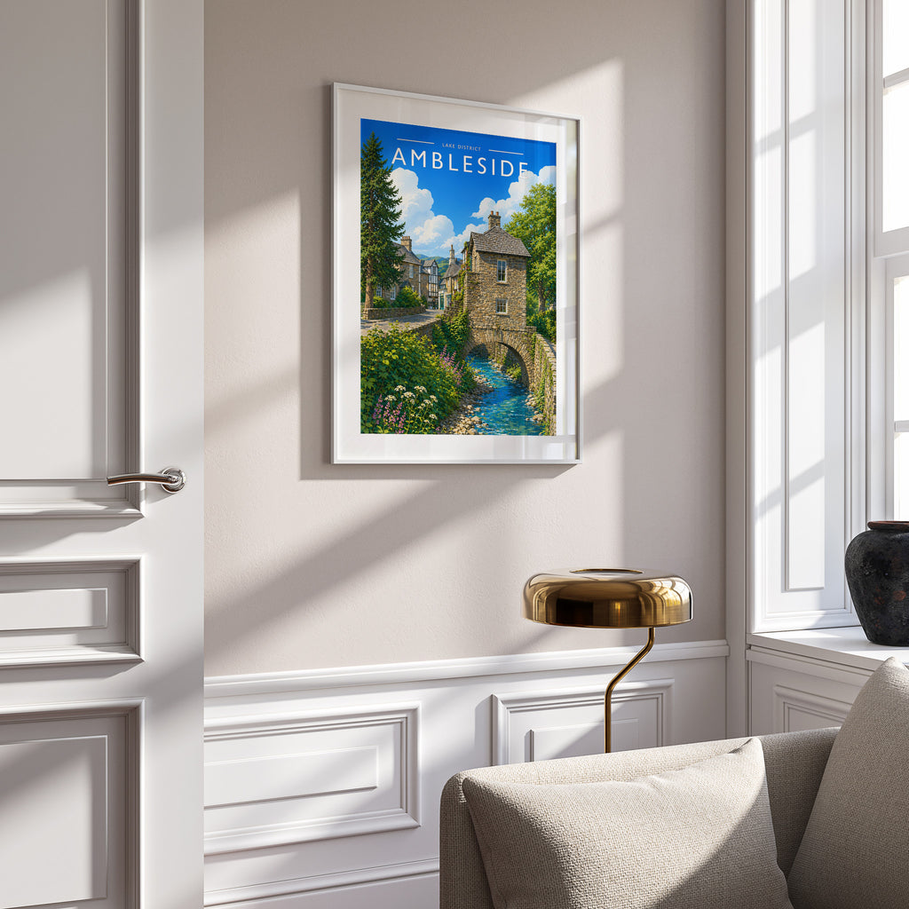 Ambleside Travel Poster in a white frame on a panelled wall