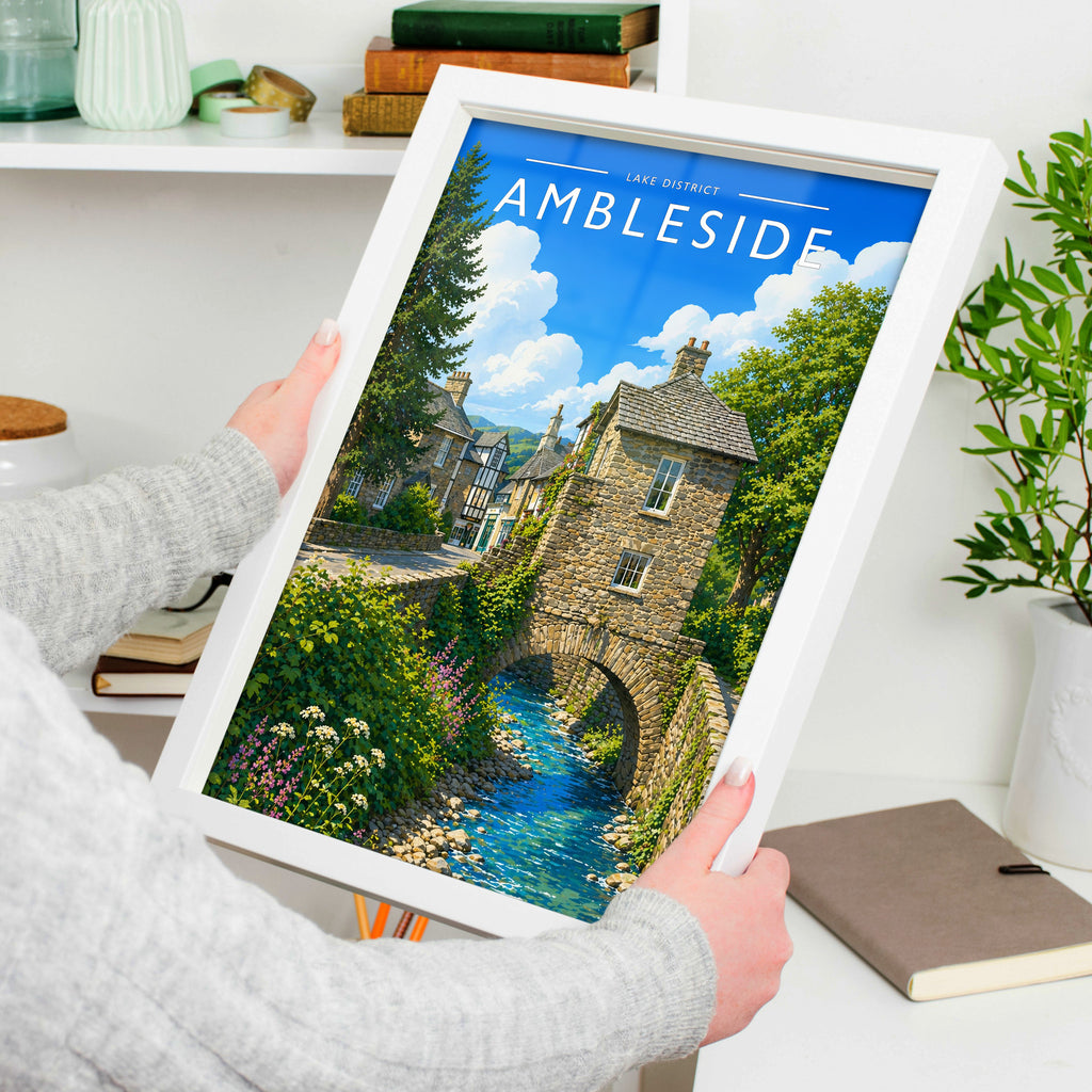 Ambleside Travel Poster in a white frame, held to show scale