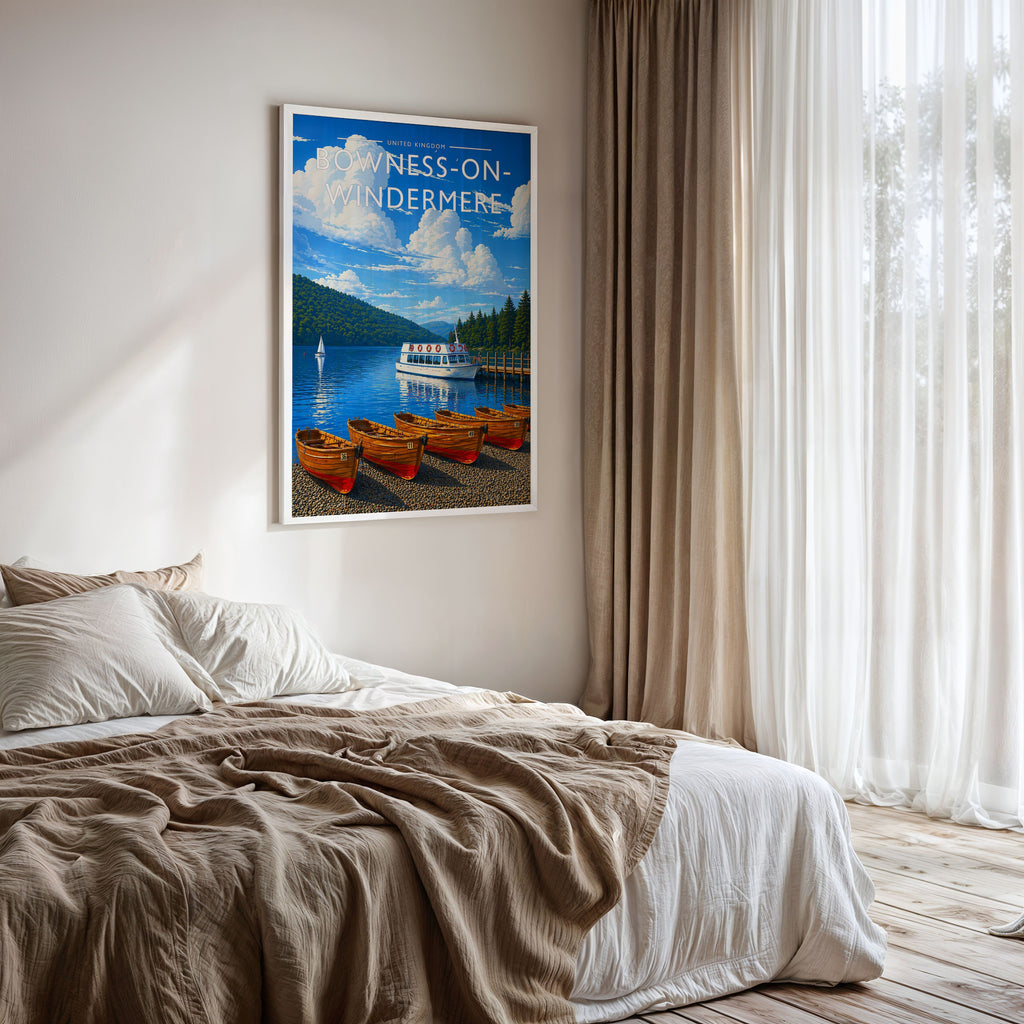 Bowness-on-Windermere Travel Poster framed on a bedroom wall