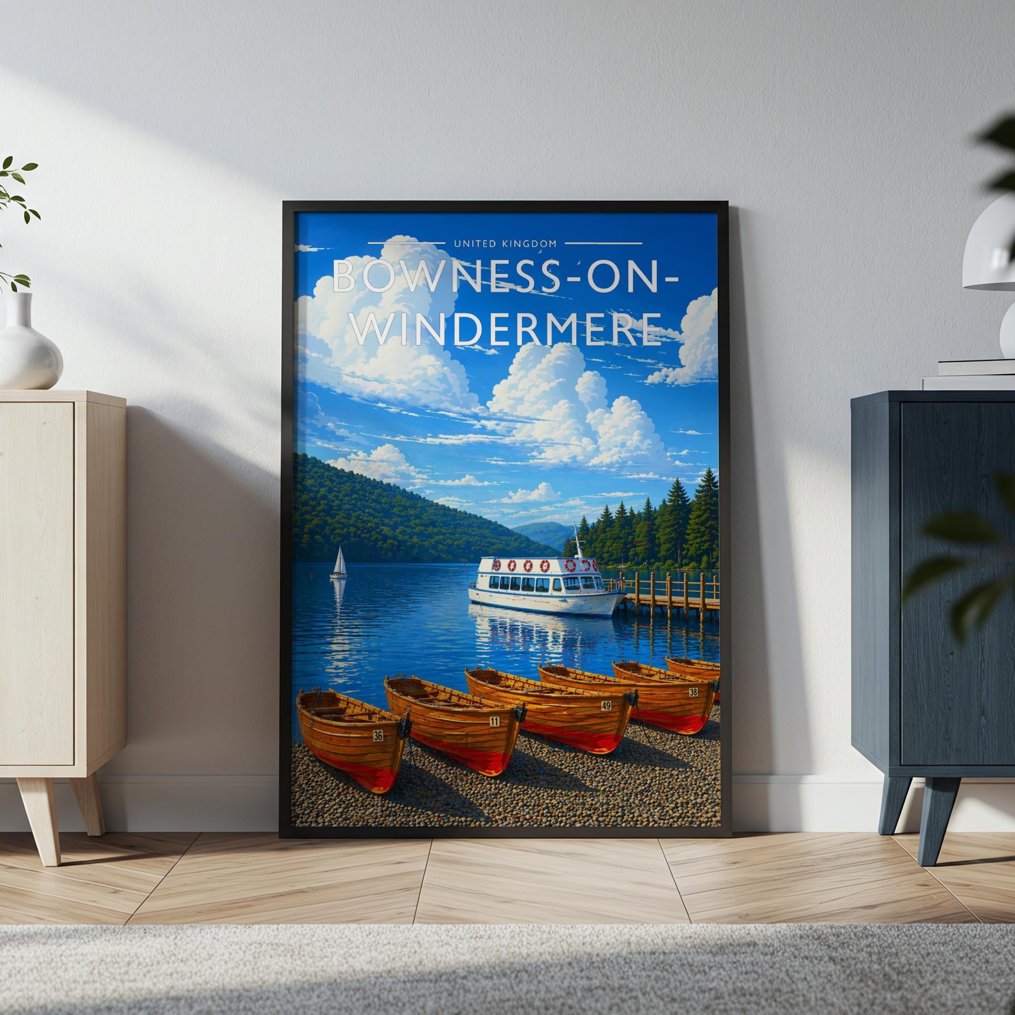 Bowness-on-Windermere Travel Poster in a black frame