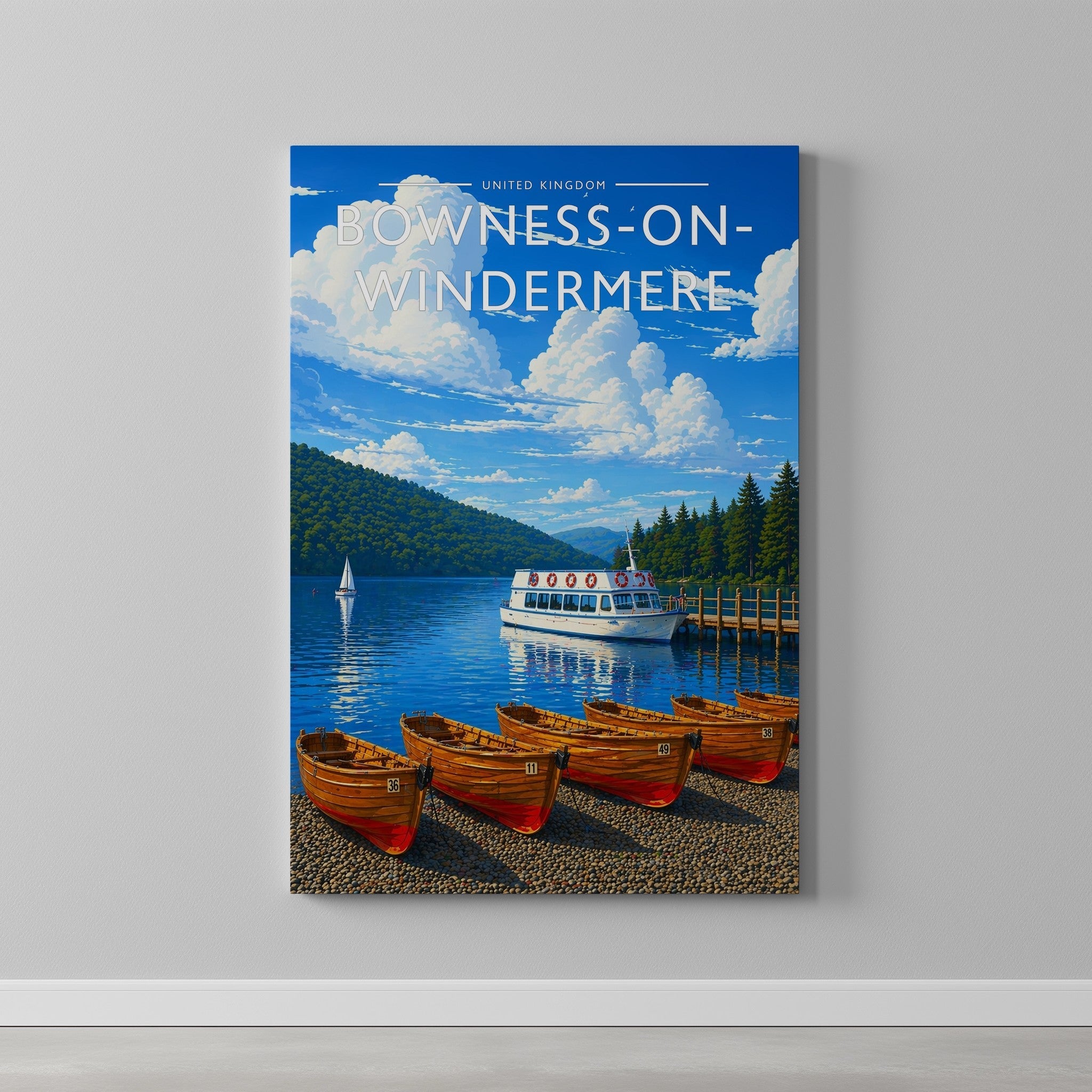 Bowness-on-Windermere Travel Poster as a gallery-wrapped canvas on a plain wall
