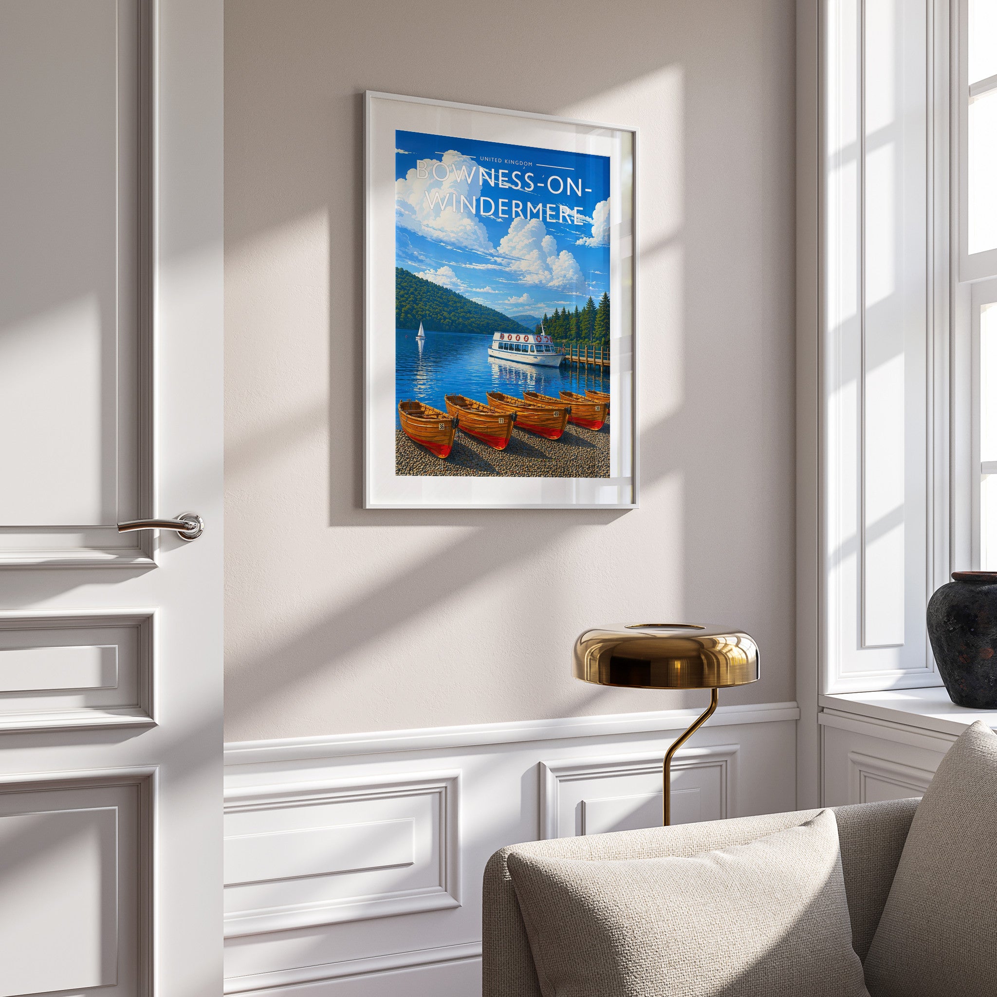 Bowness-on-Windermere Travel Poster in a white frame on a panelled wall