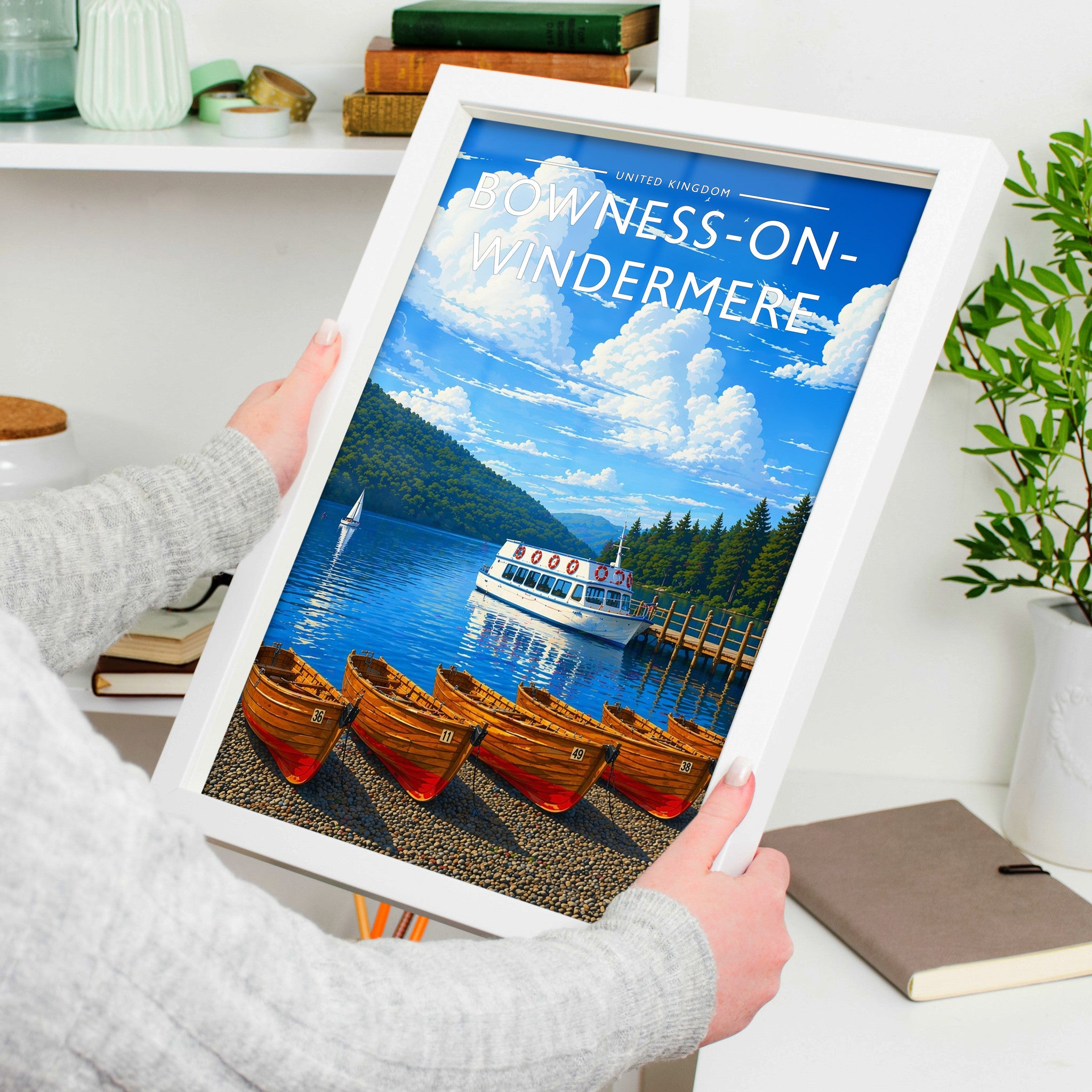 Bowness-on-Windermere Travel Poster in a white frame, held to show scale