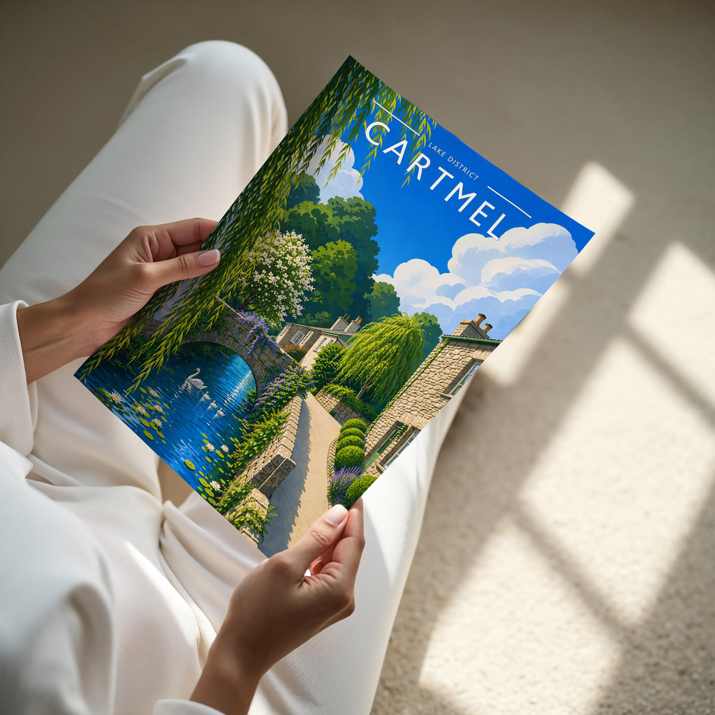 Cartmel Travel Poster - A4 print held in hand