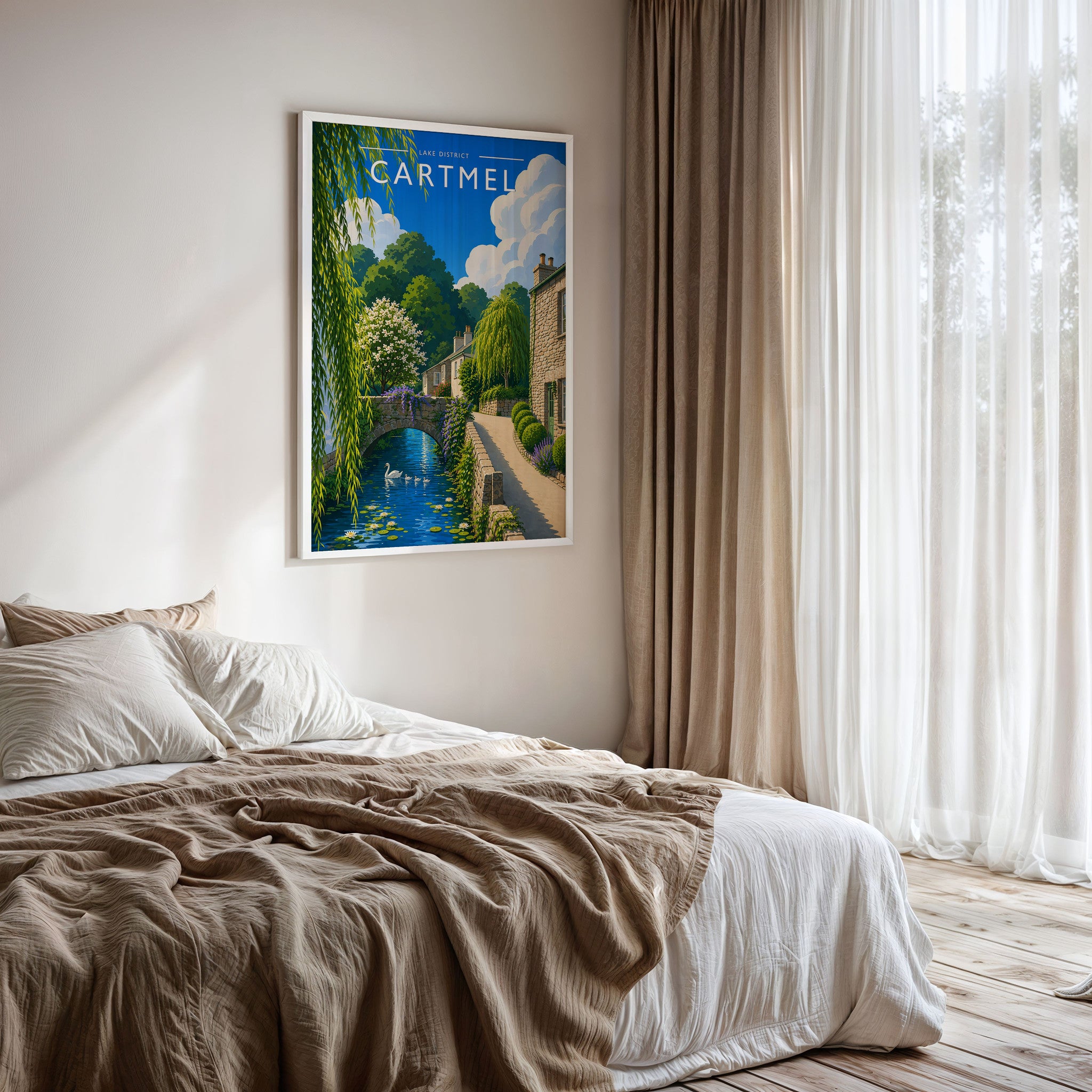 Cartmel Travel Poster framed on a bedroom wall