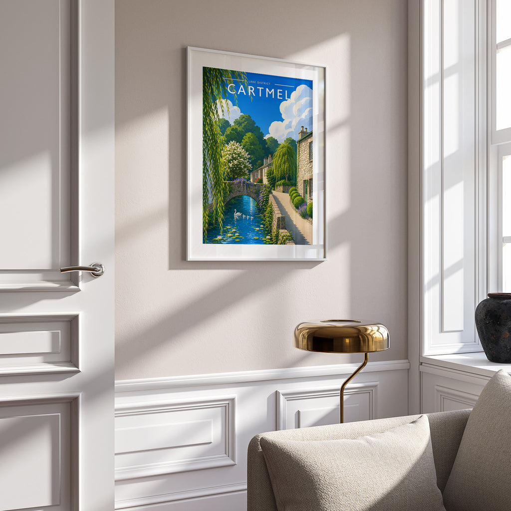 Cartmel Travel Poster in a white frame on a panelled wall