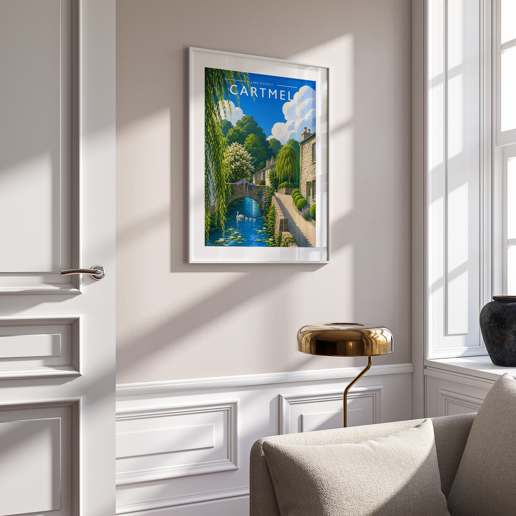 Cartmel Travel Poster in a white frame on a panelled wall