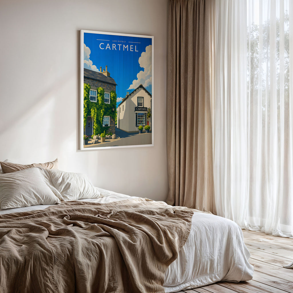 Cartmel #2 Travel Poster framed on a bedroom wall