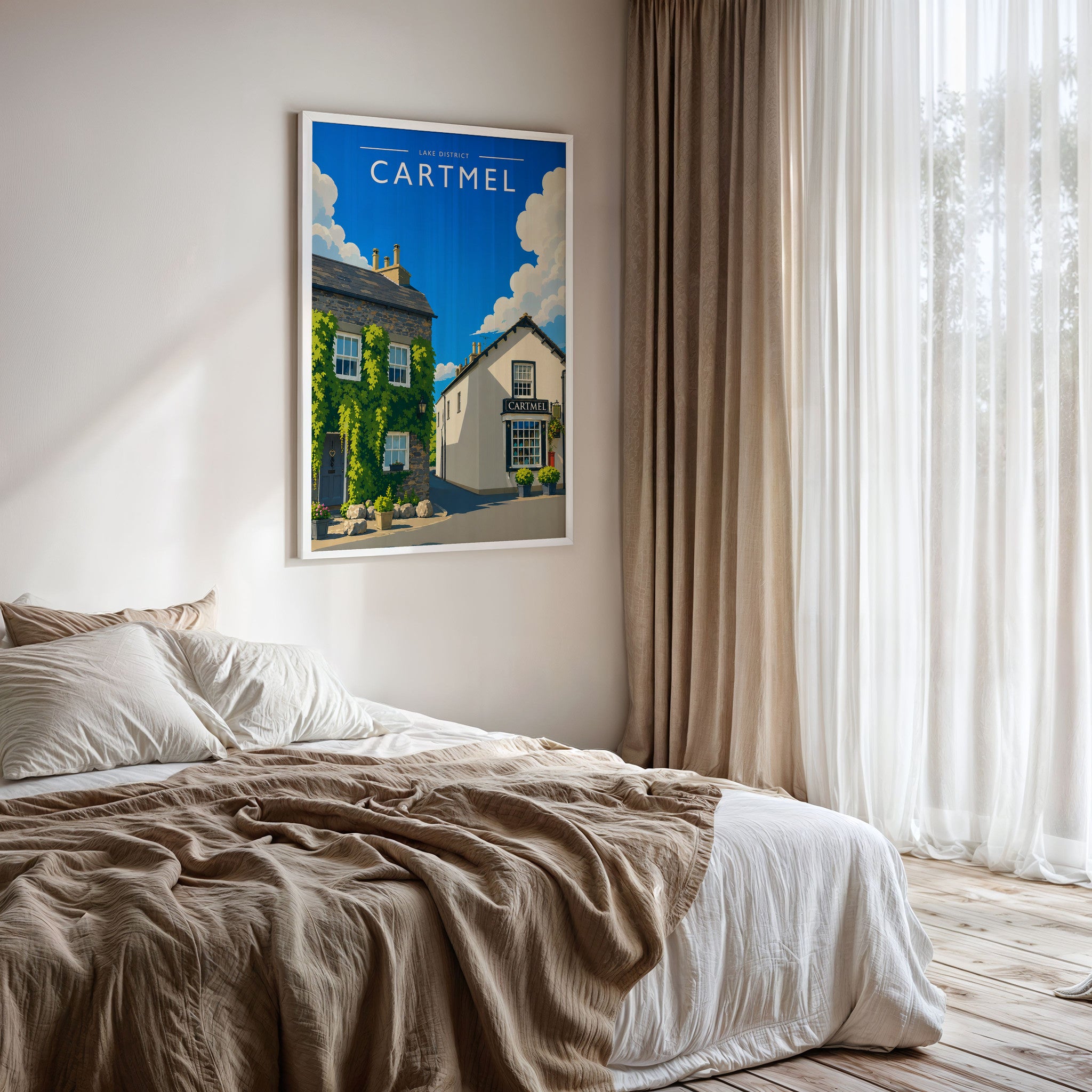 Cartmel #2 Travel Poster framed on a bedroom wall
