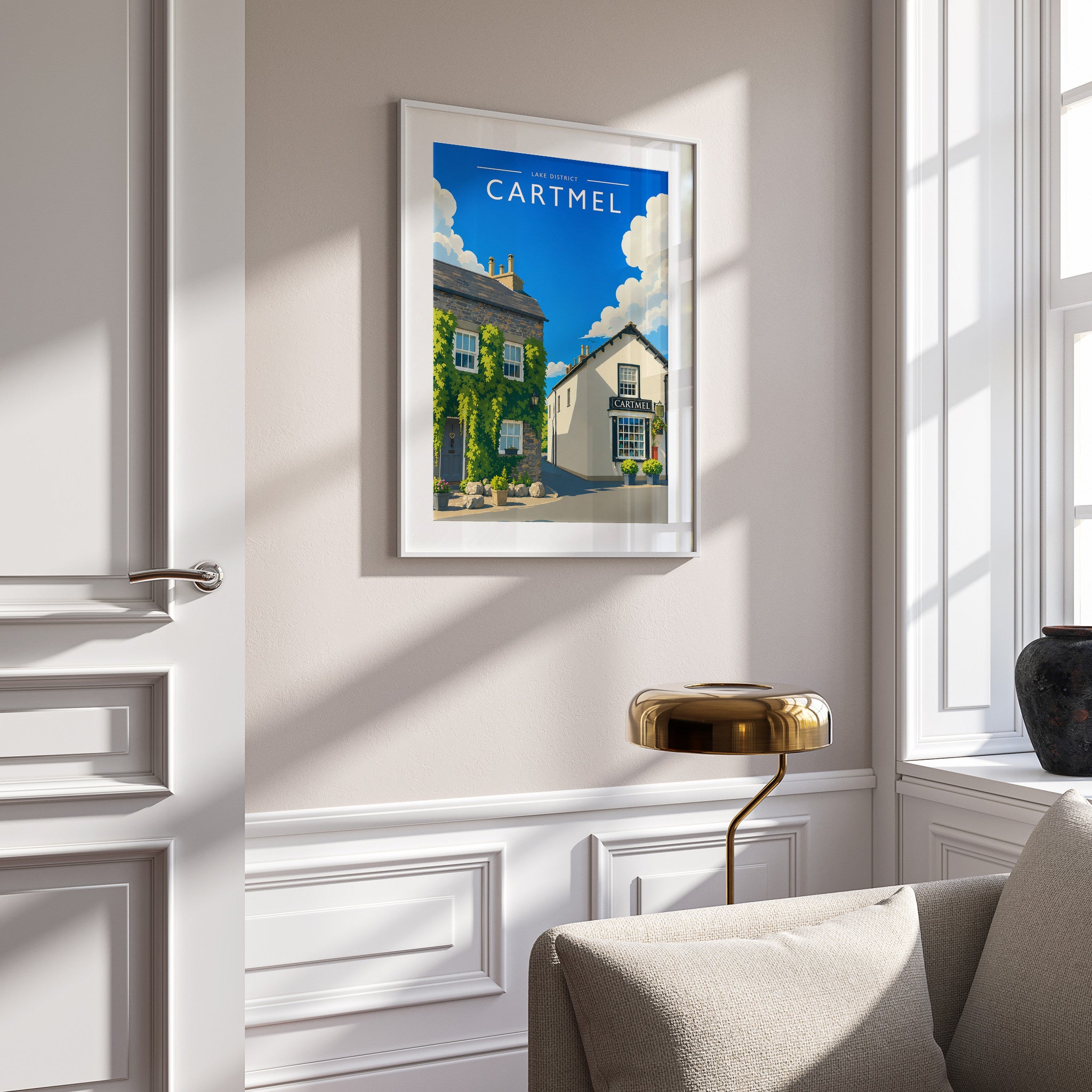 Cartmel #2 Travel Poster in a white frame on a panelled wall
