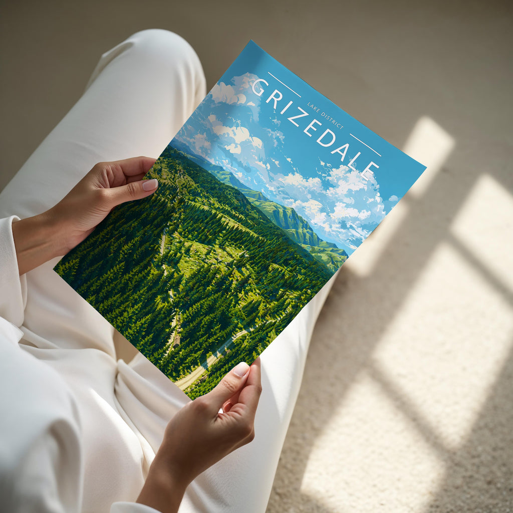 Grizedale Travel Poster - A4 print held in hand
