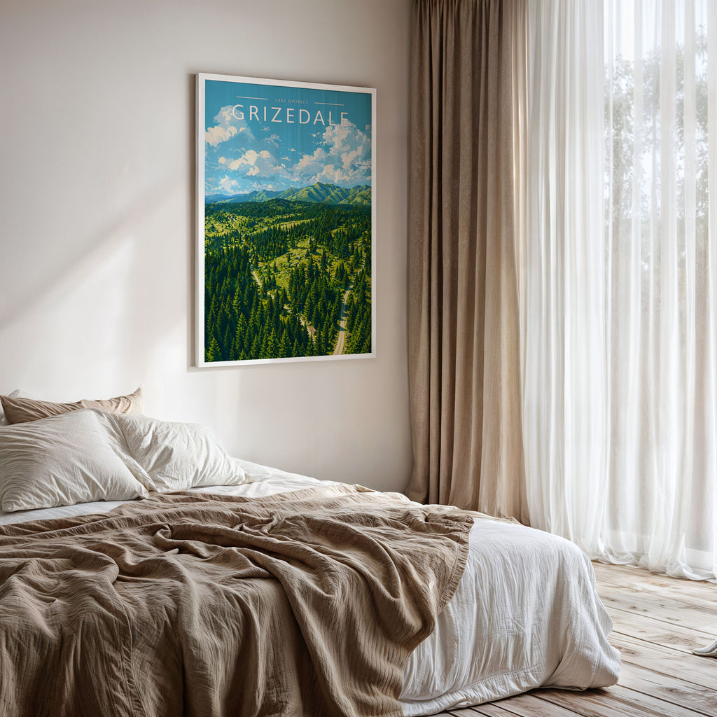 Grizedale Travel Poster framed on a bedroom wall