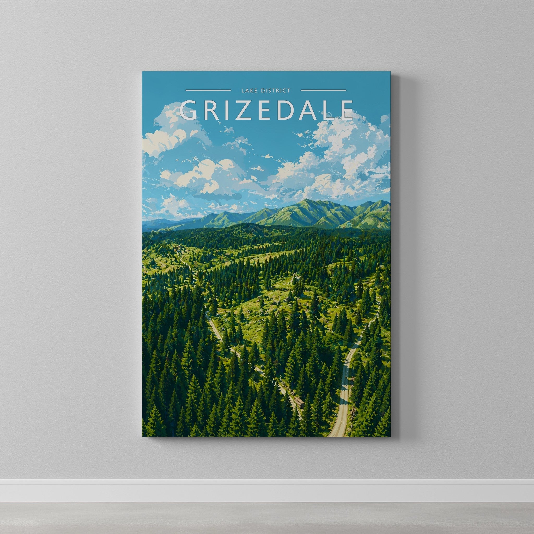 Grizedale Travel Poster as a gallery-wrapped canvas on a plain wall