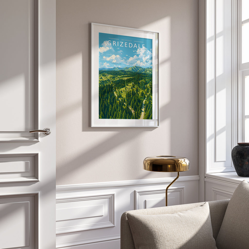 Grizedale Travel Poster in a white frame on a panelled wall