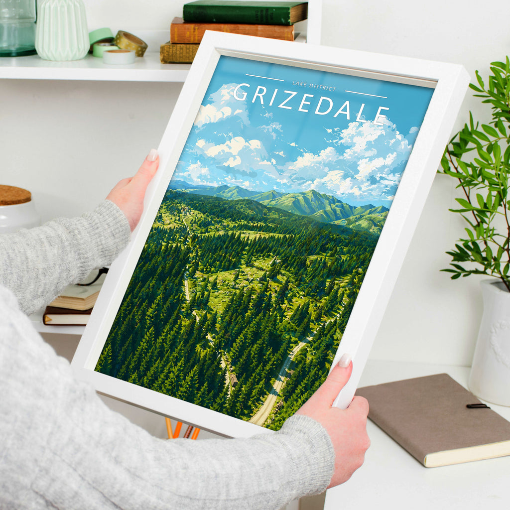 Grizedale Travel Poster in a white frame, held to show scale