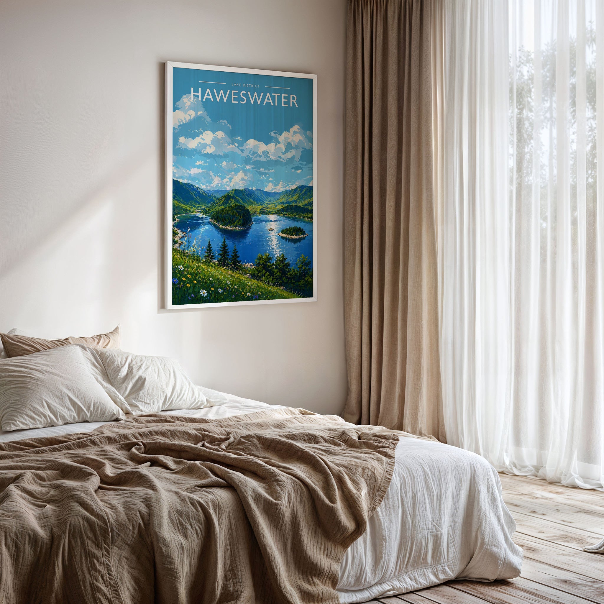 Haweswater Travel Poster framed on a bedroom wall