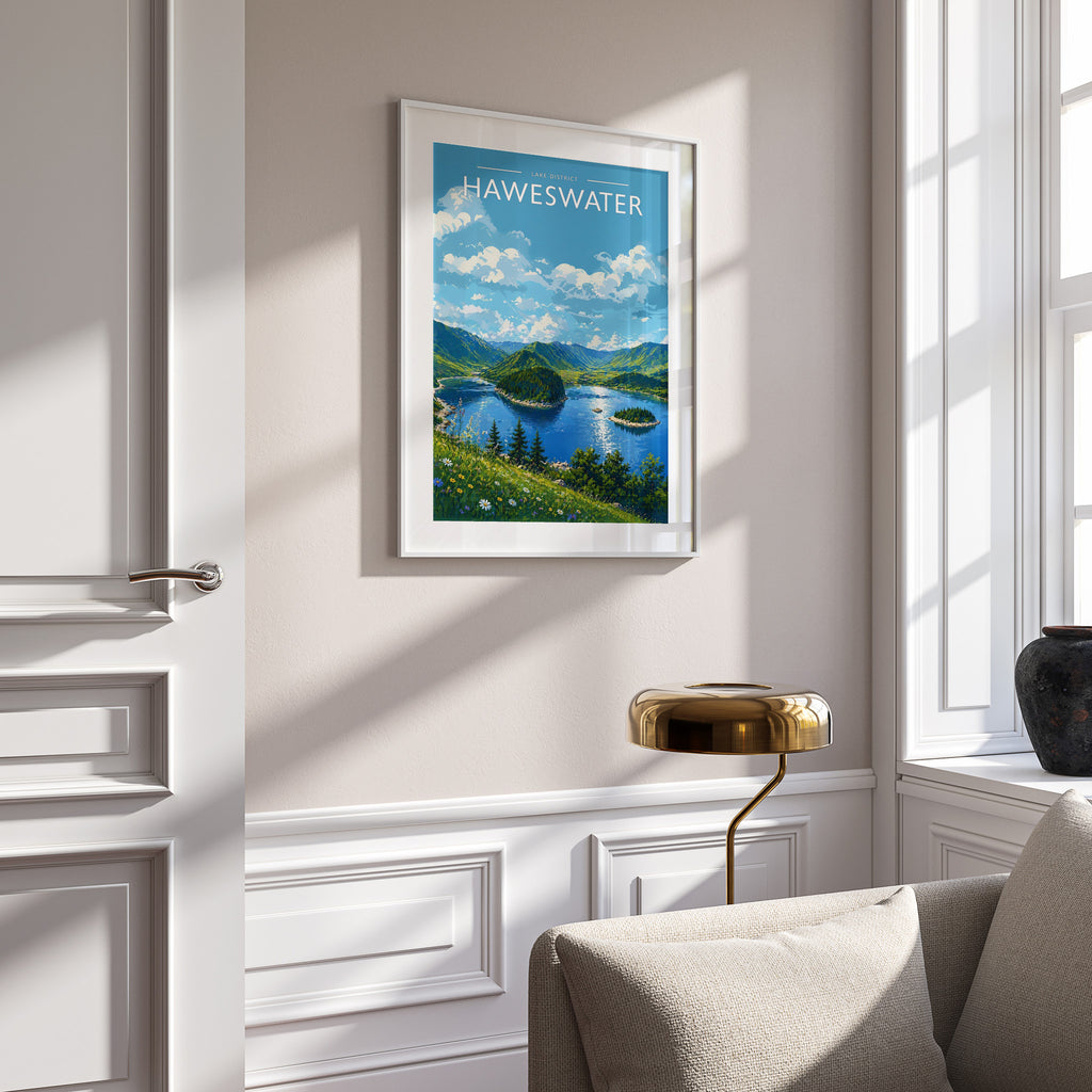 Haweswater Travel Poster in a white frame on a panelled wall