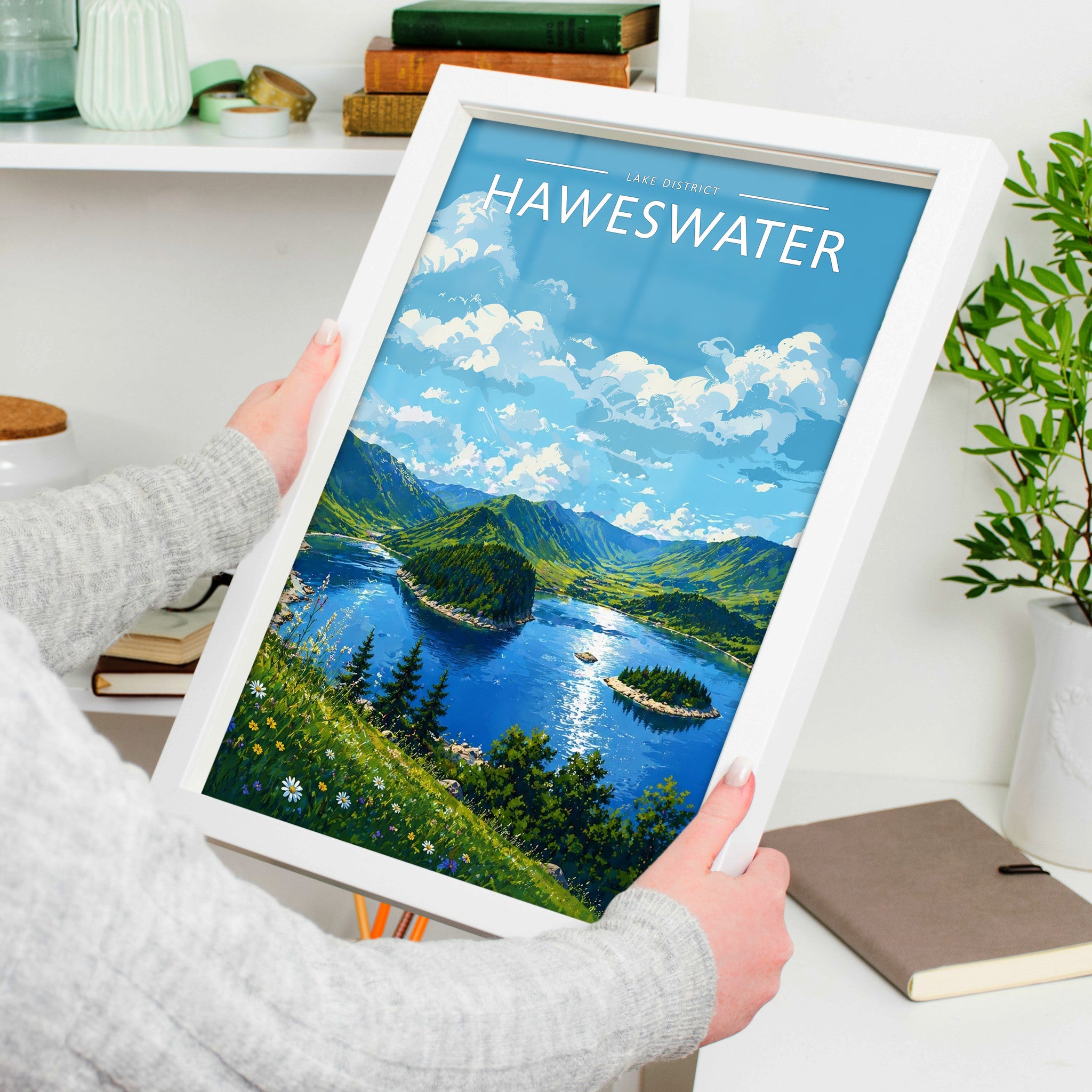 Haweswater Travel Poster in a white frame, held to show scale