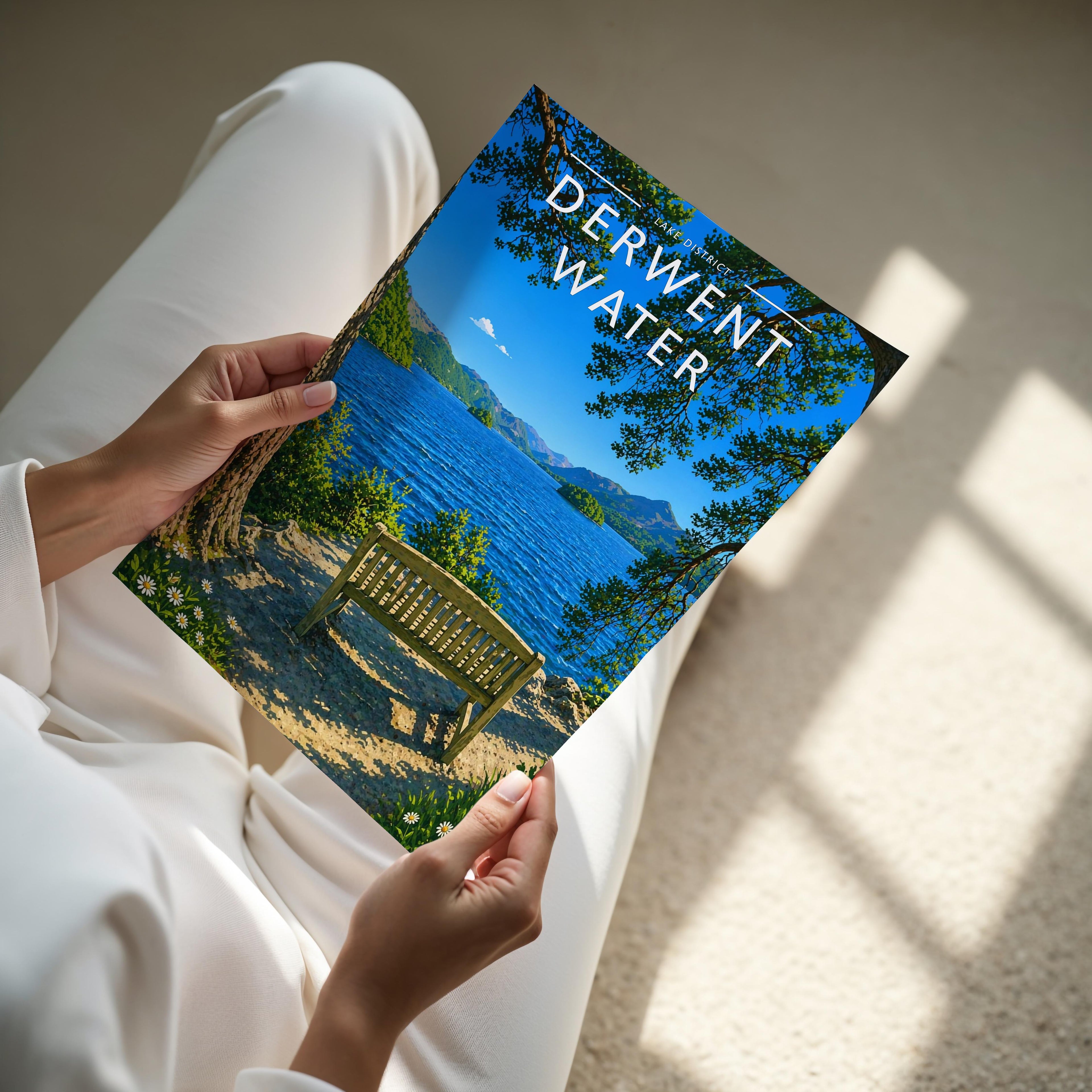 Derwent Water Travel Poster - A4 print held in hand