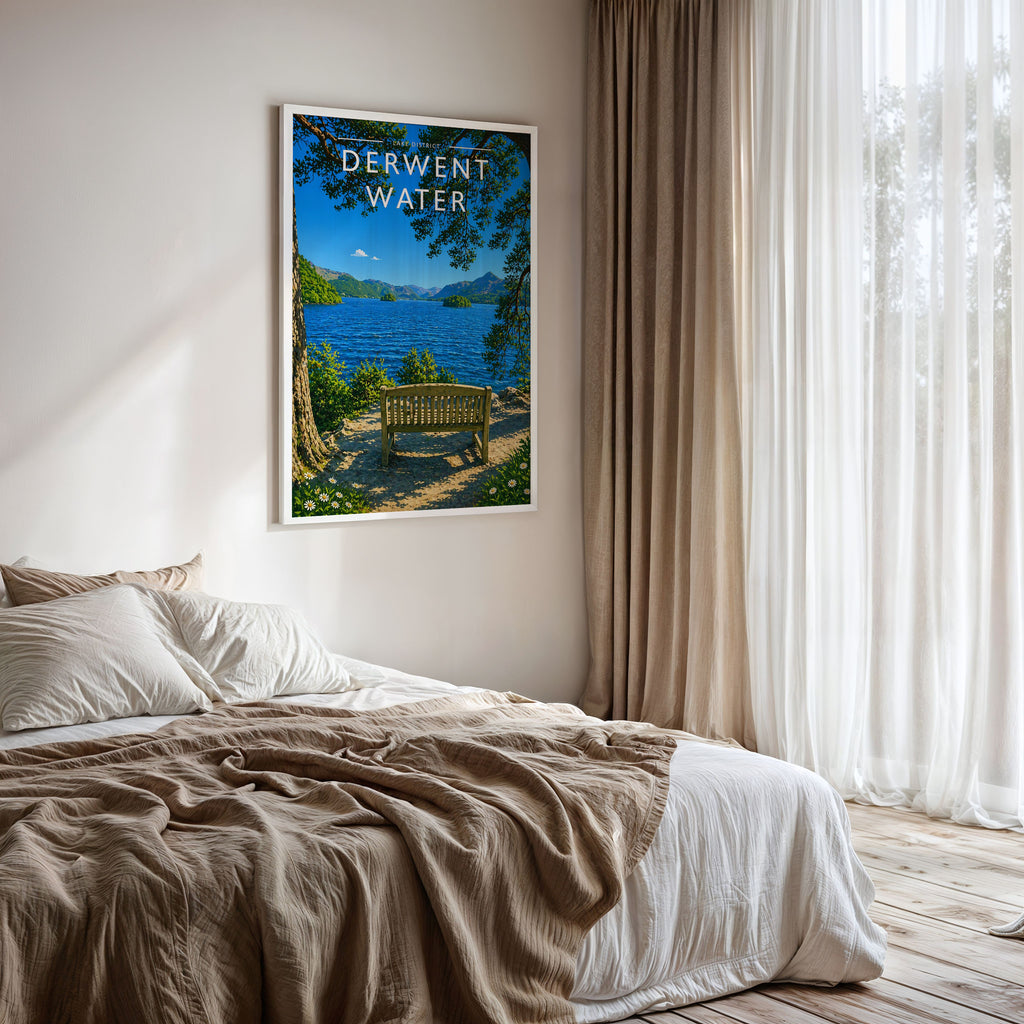 Derwent Water Travel Poster framed on a bedroom wall