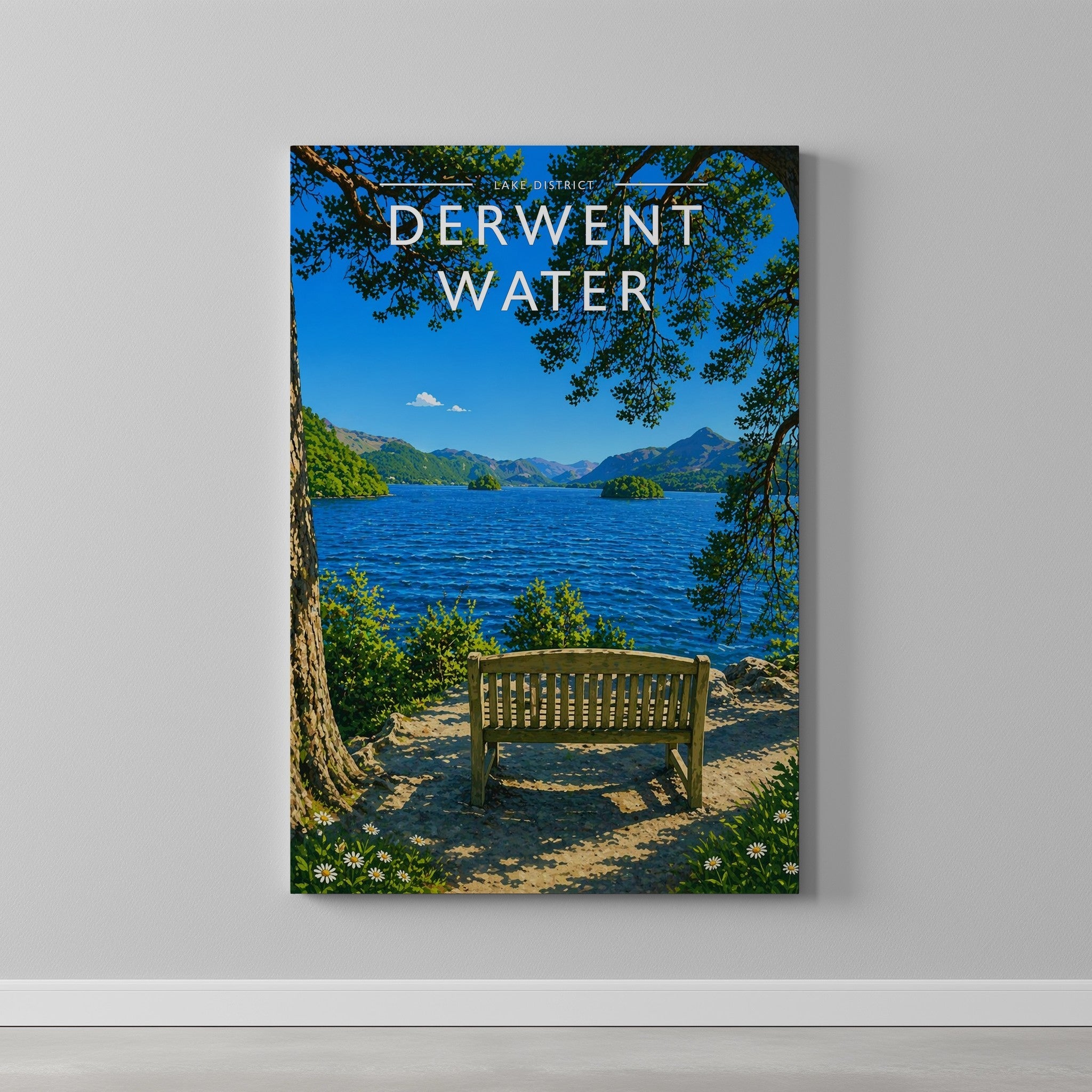 Derwent Water Travel Poster as a gallery-wrapped canvas on a plain wall
