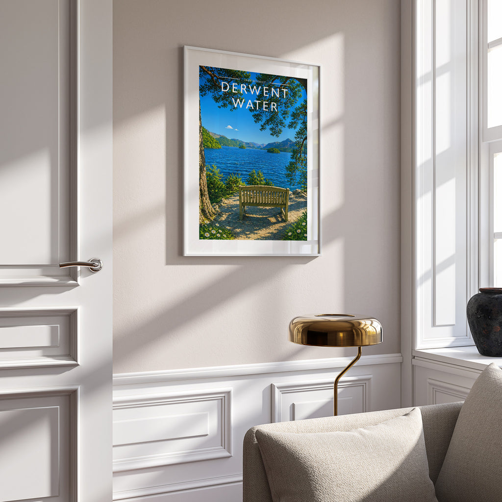 Derwent Water Travel Poster in a white frame on a panelled wall