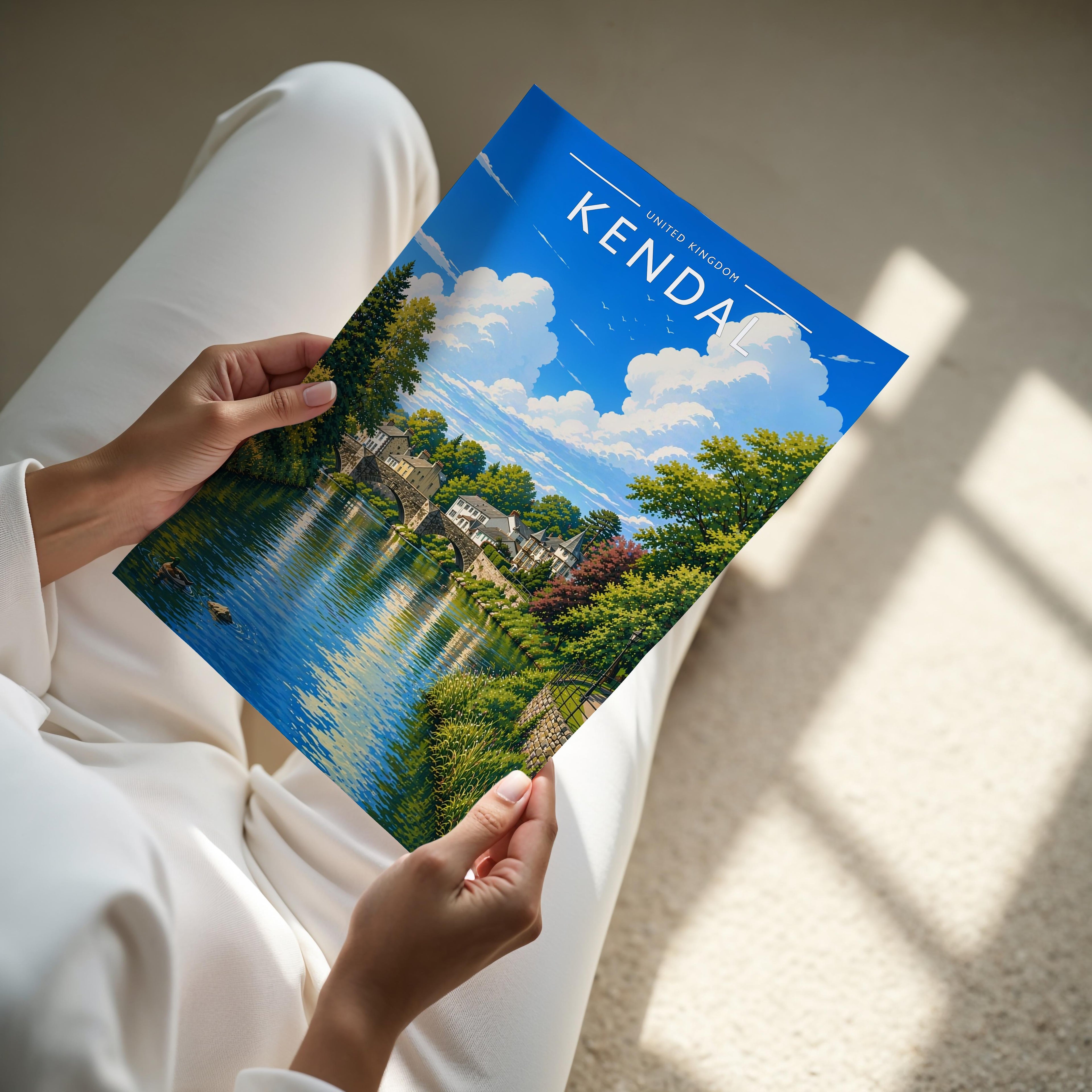 Kendal Travel Poster - A4 print held in hand