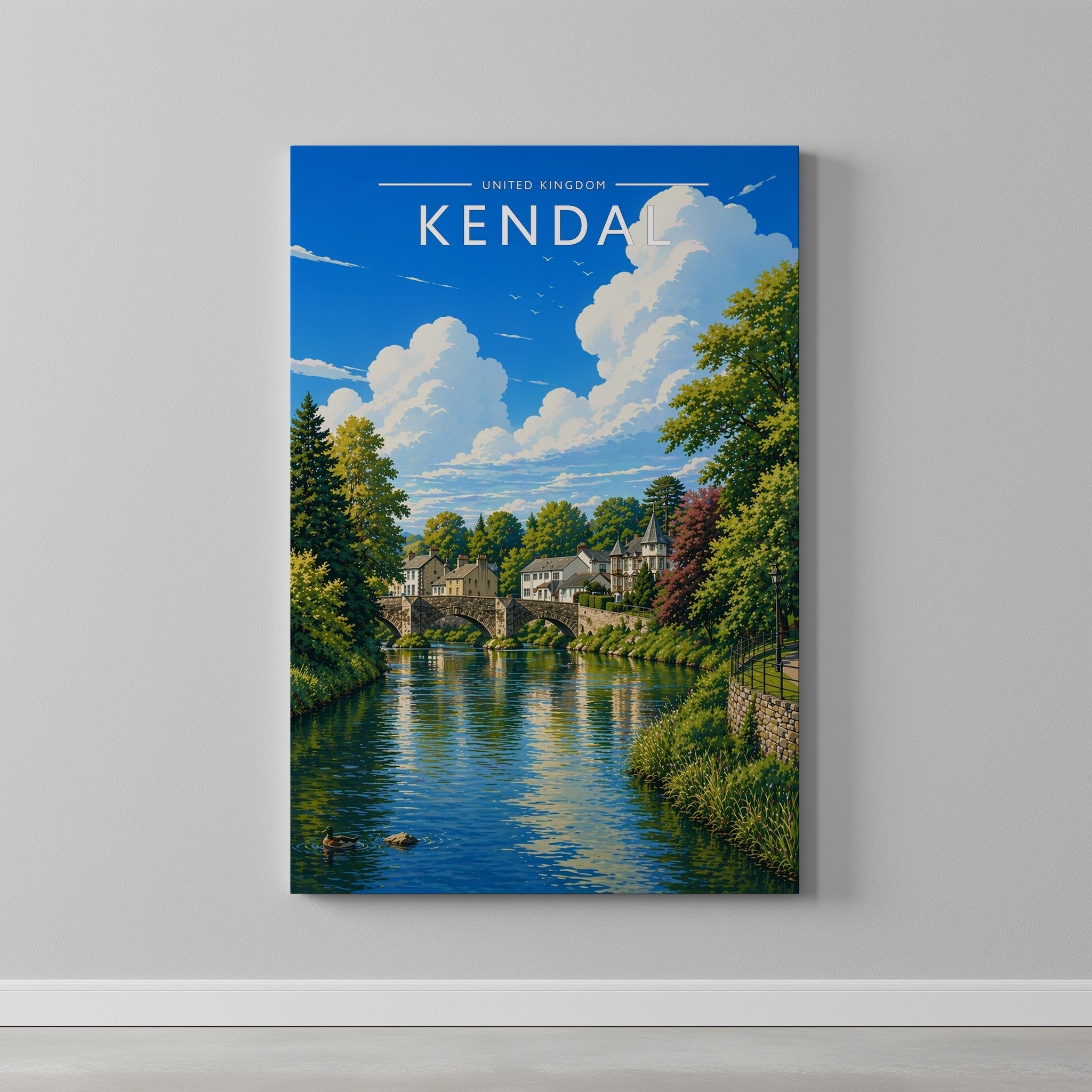 Kendal Travel Poster as a gallery-wrapped canvas on a plain wall