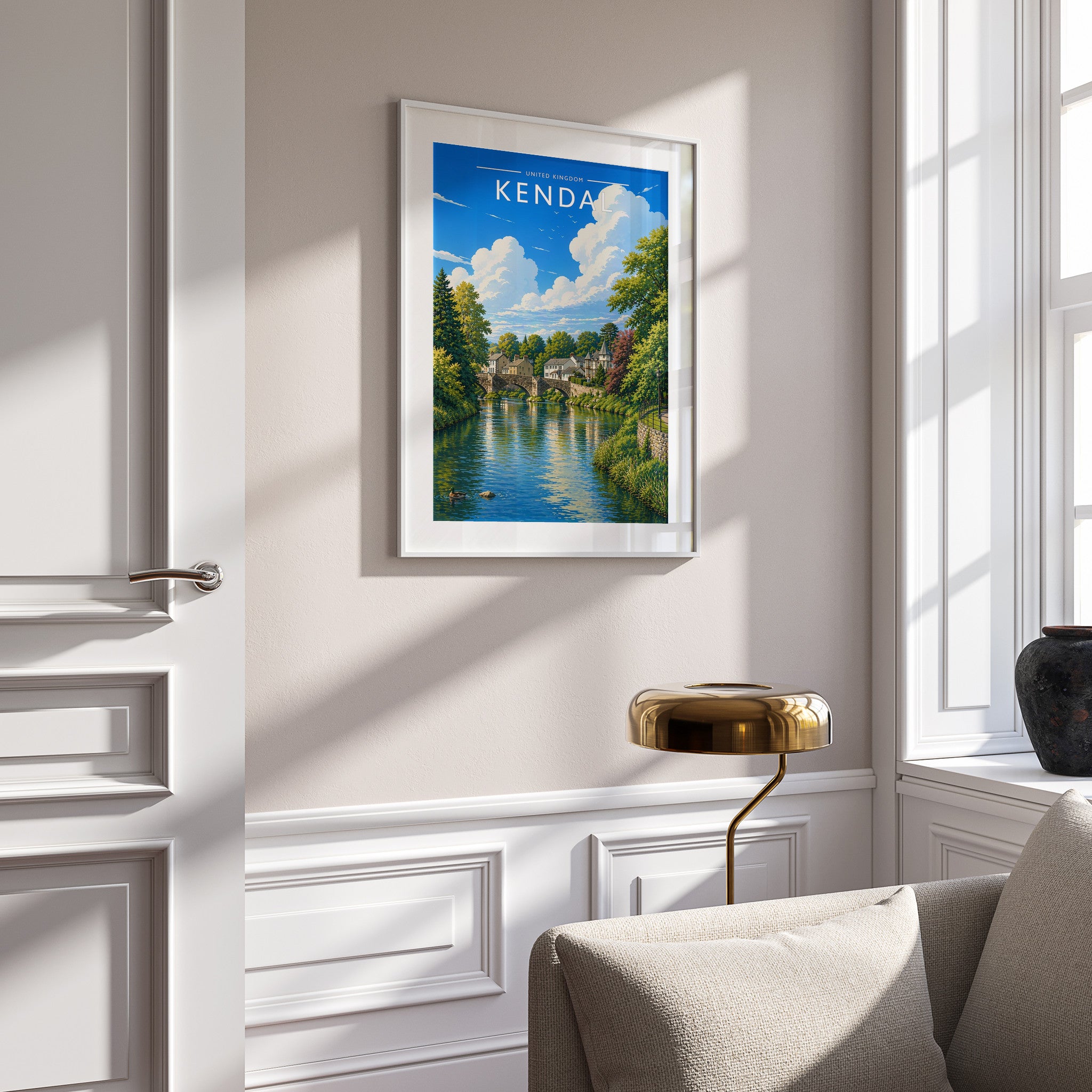 Kendal Travel Poster in a white frame on a panelled wall