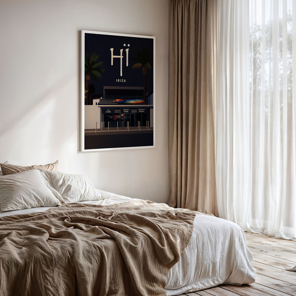 Ibiza #6 Travel Poster framed on a bedroom wall