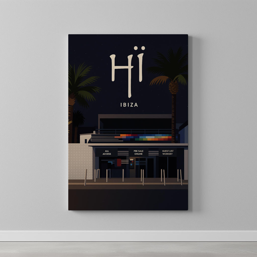 Ibiza #6 Travel Poster as a gallery-wrapped canvas on a plain wall