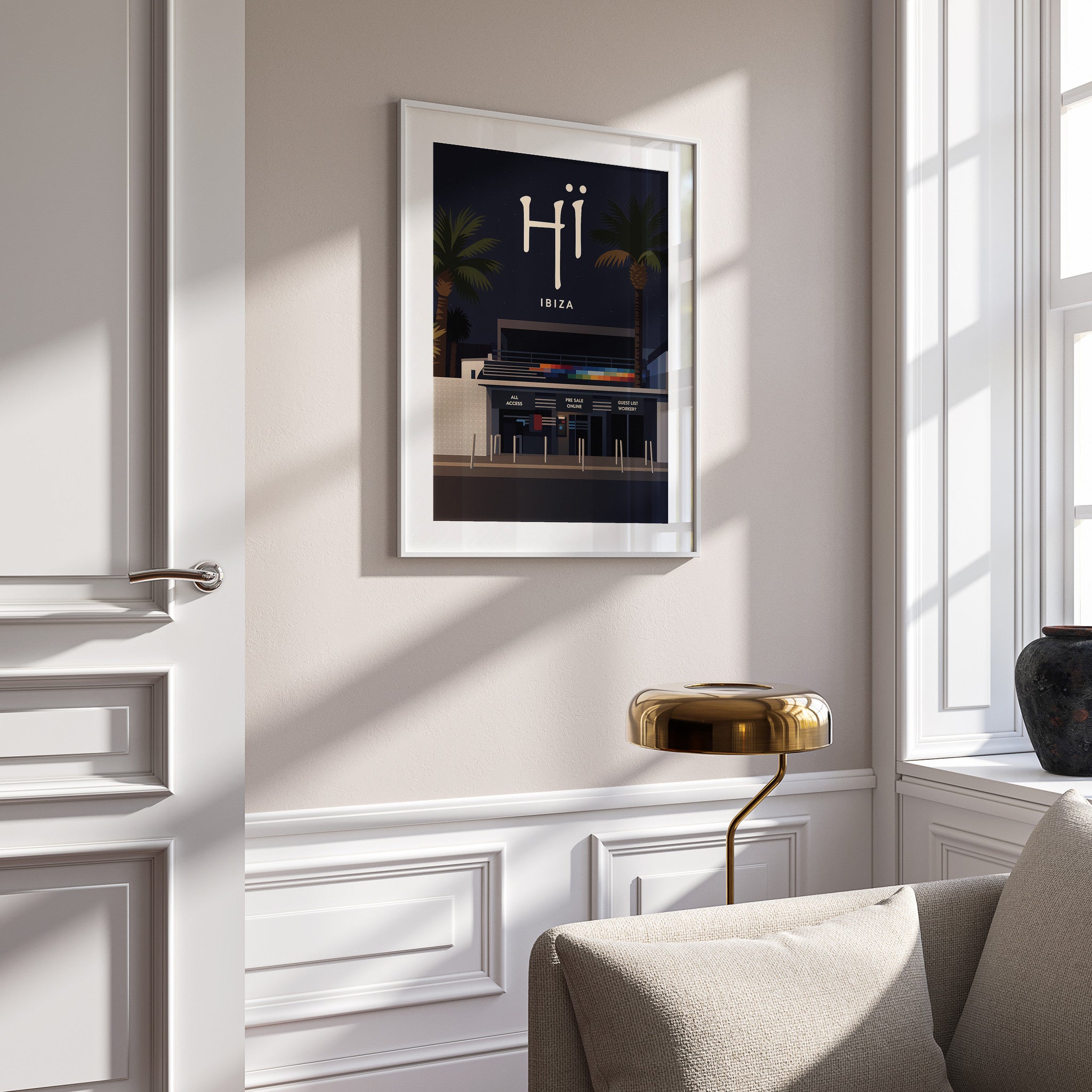 Ibiza #6 Travel Poster in a white frame on a panelled wall