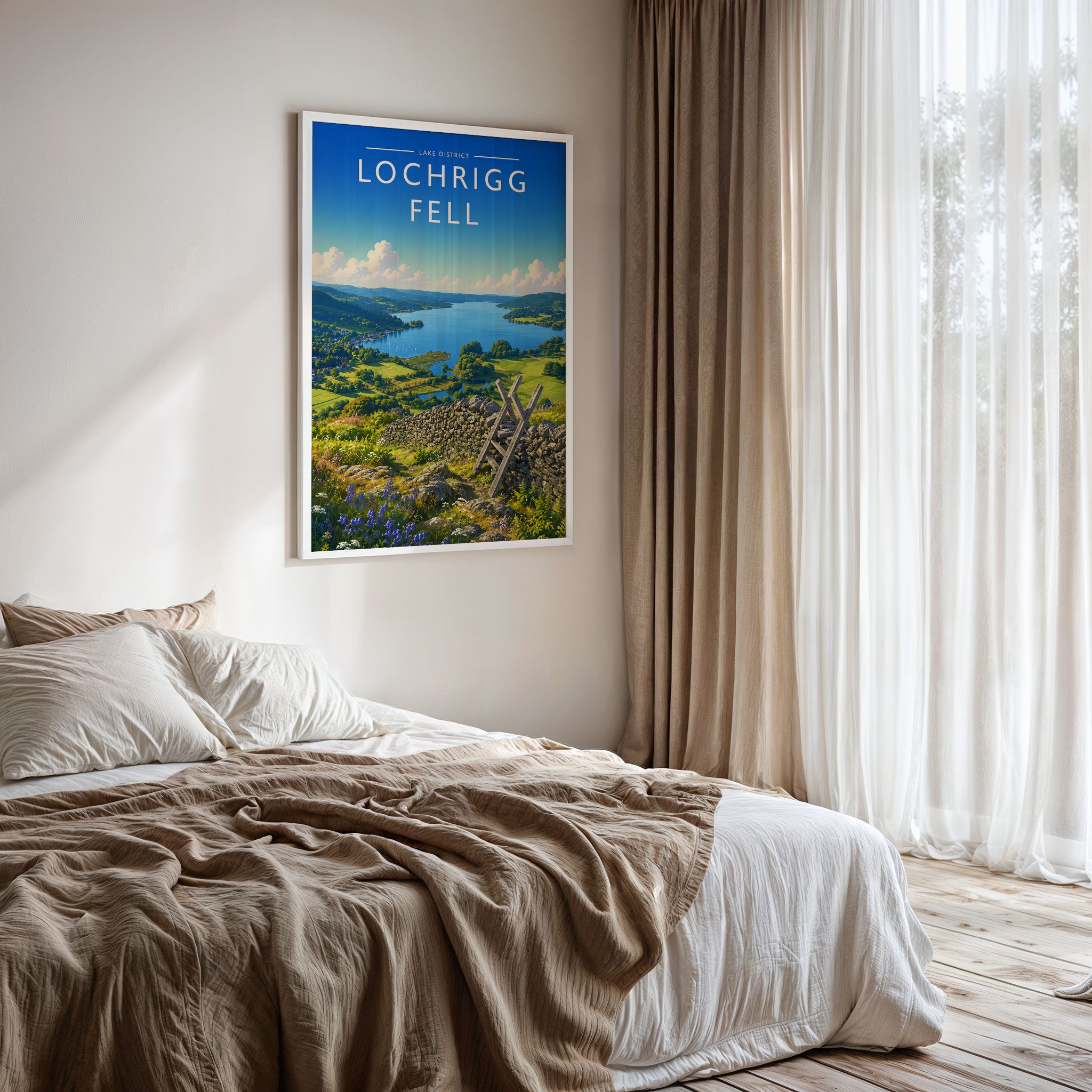 Loughrigg Fell #2 Travel Poster framed on a bedroom wall