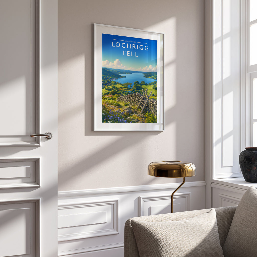 Loughrigg Fell #2 Travel Poster in a white frame on a panelled wall