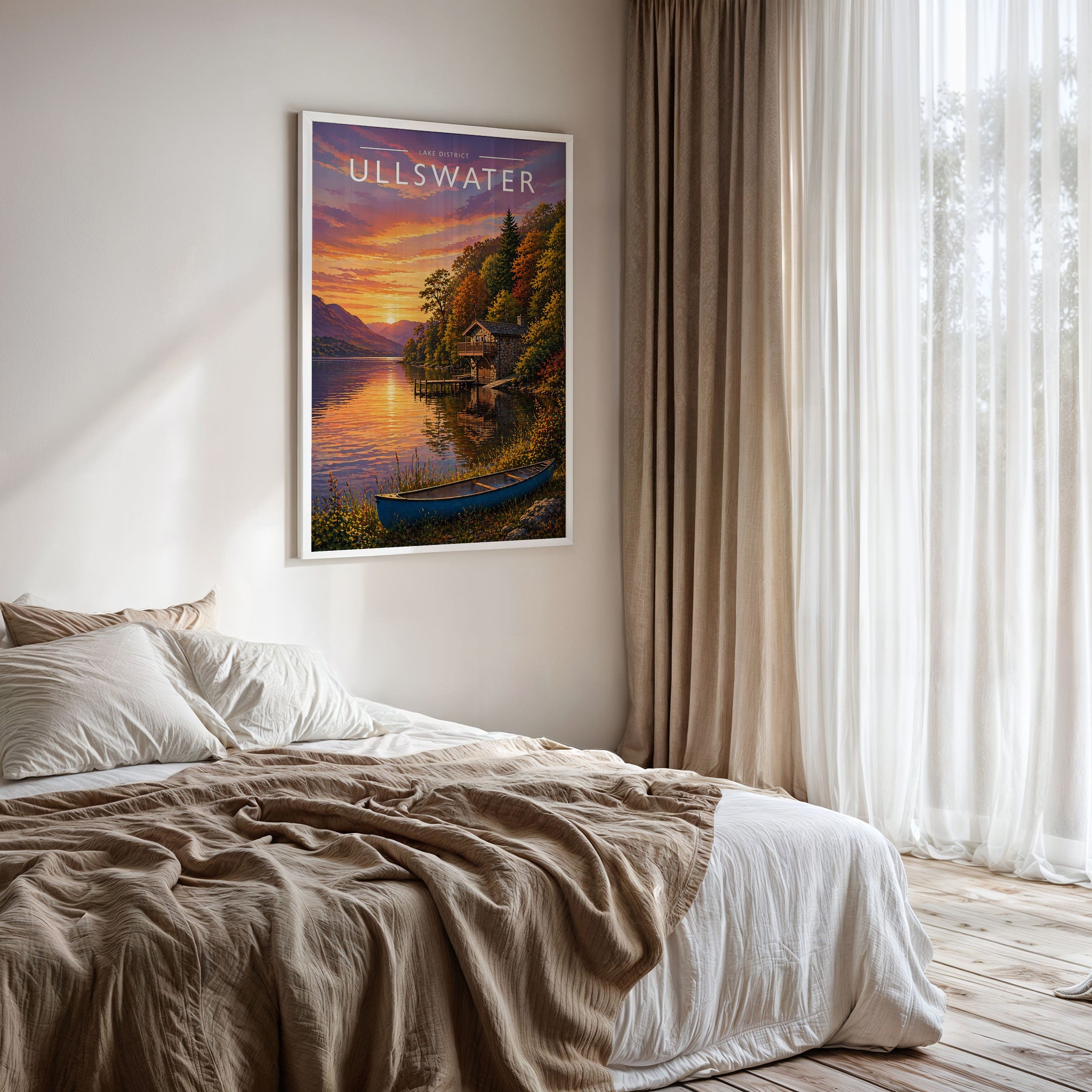 Ullswater #2 Travel Poster framed on a bedroom wall