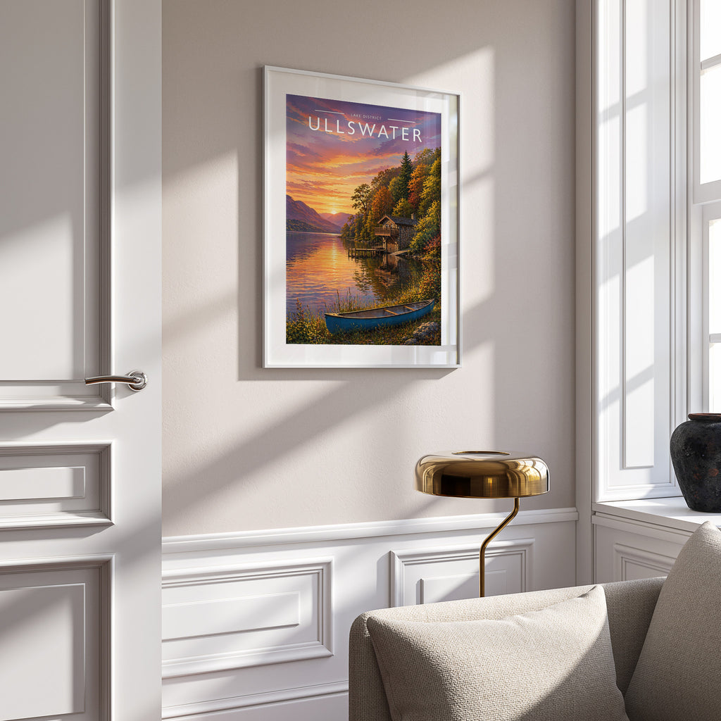 Ullswater #2 Travel Poster in a white frame on a panelled wall