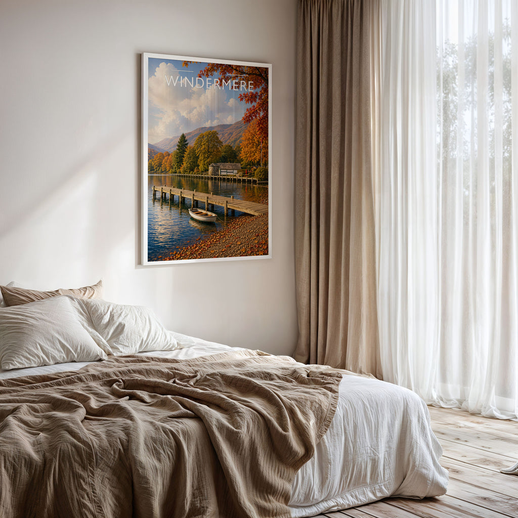 Windermere Travel Poster framed on a bedroom wall