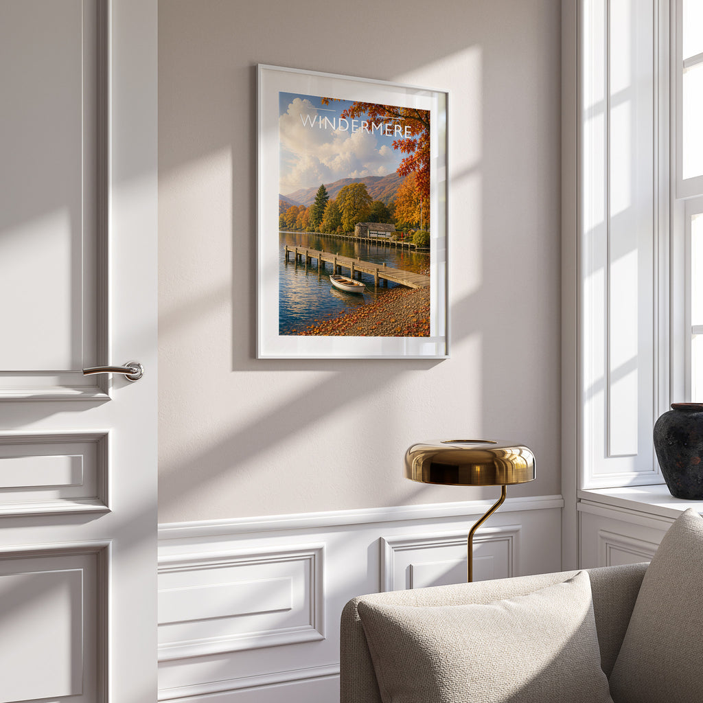 Windermere Travel Poster in a white frame on a panelled wall