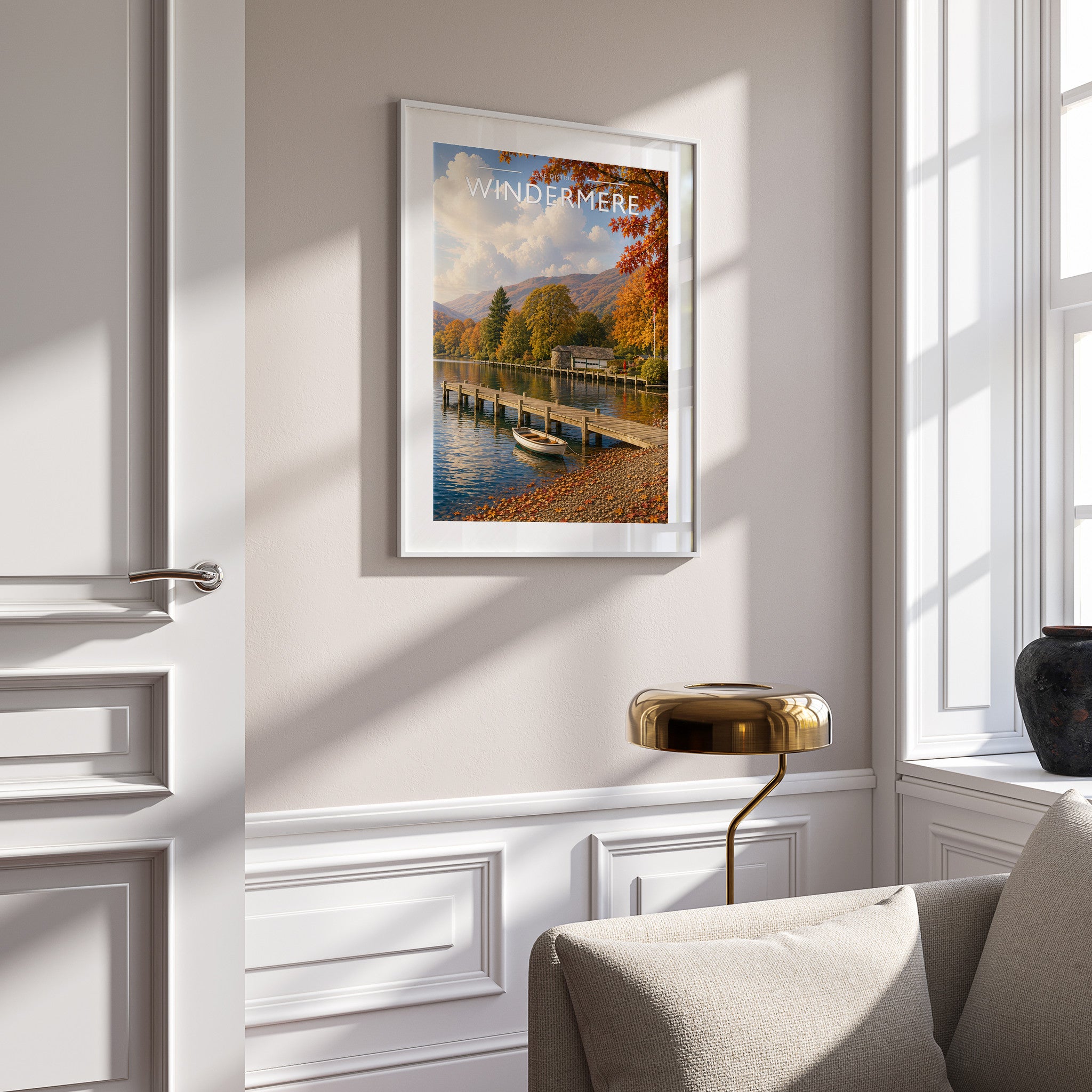 Windermere Travel Poster in a white frame on a panelled wall