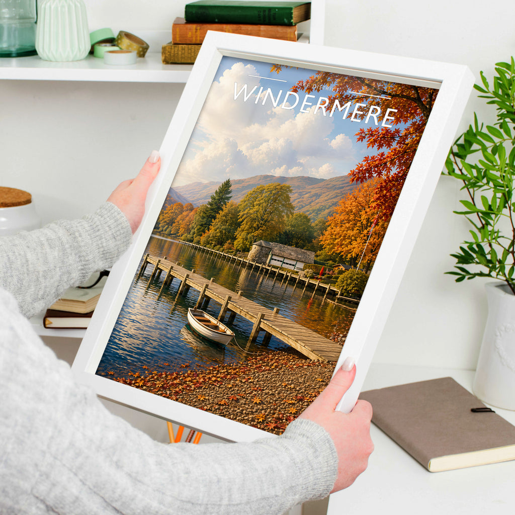 Windermere Travel Poster in a white frame, held to show scale