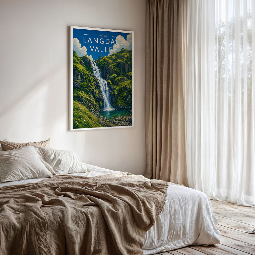 Langdale Valley Travel Poster framed on a bedroom wall