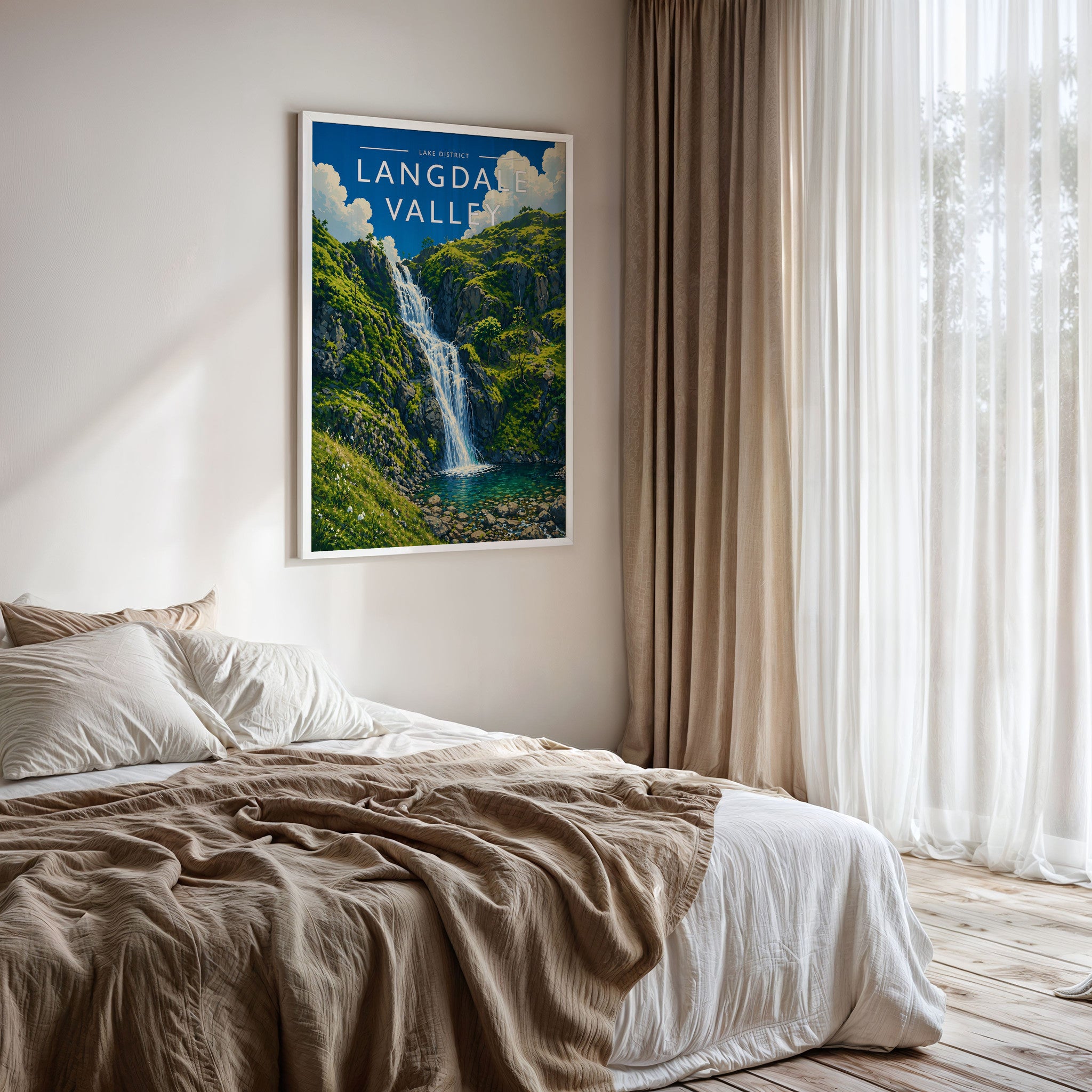 Langdale Valley Travel Poster framed on a bedroom wall