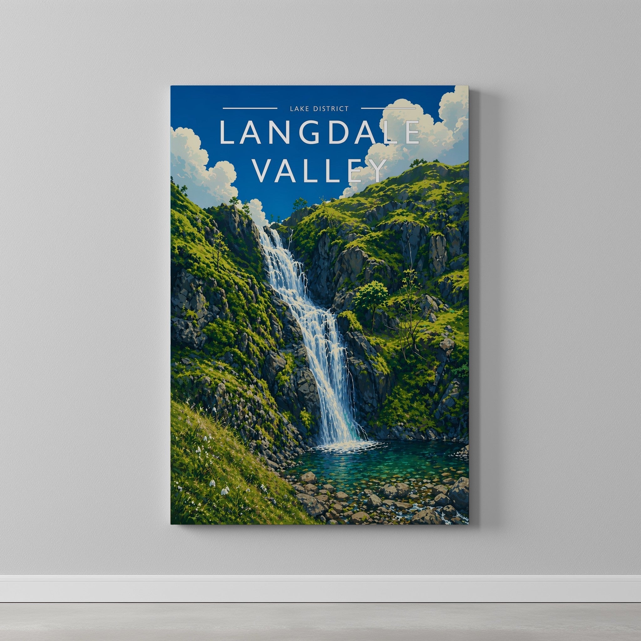 Langdale Valley Travel Poster as a gallery-wrapped canvas on a plain wall