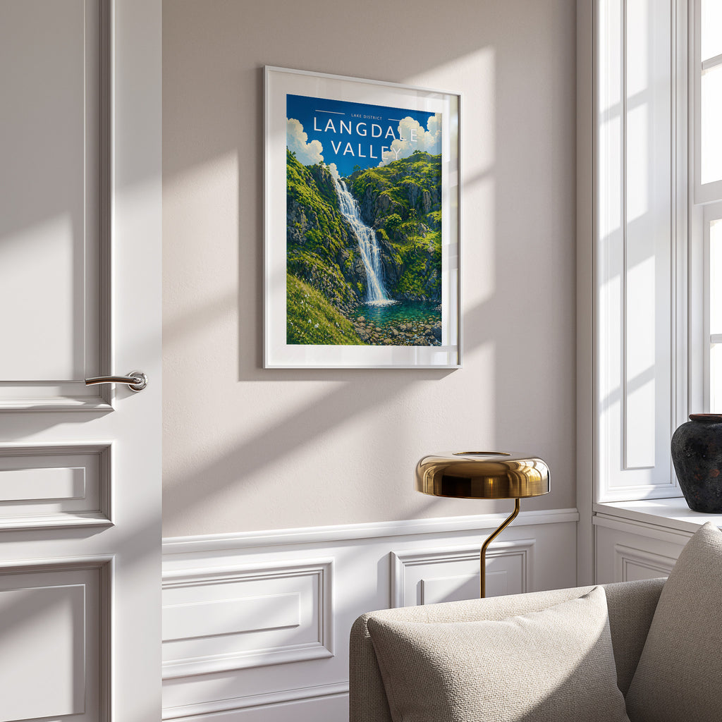 Langdale Valley Travel Poster in a white frame on a panelled wall