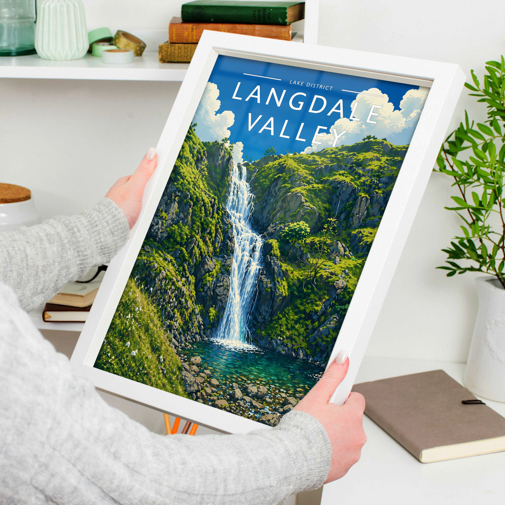 Langdale Valley Travel Poster in a white frame, held to show scale