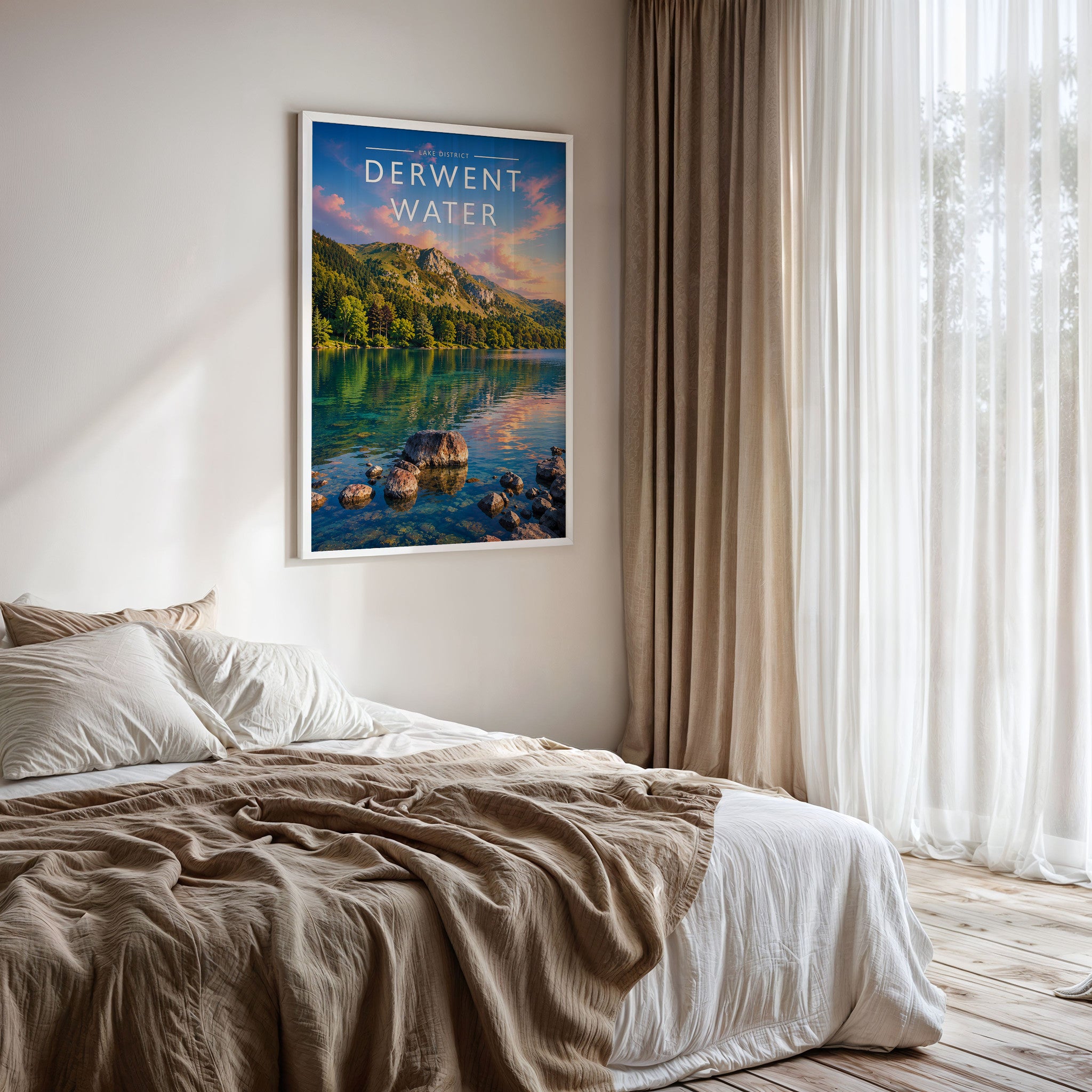 Derwent Water #2 Travel Poster framed on a bedroom wall