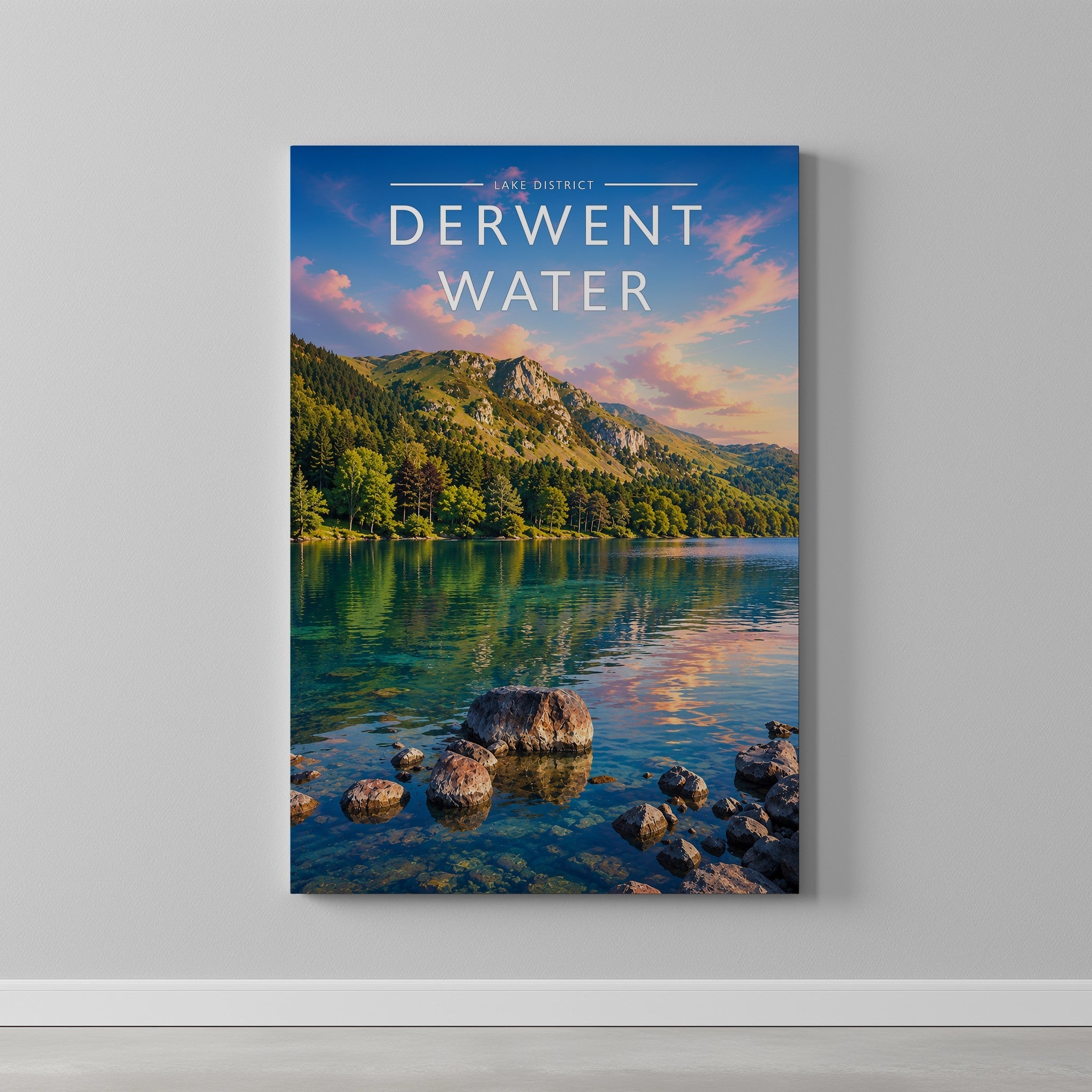 Derwent Water #2 Travel Poster as a gallery-wrapped canvas on a plain wall