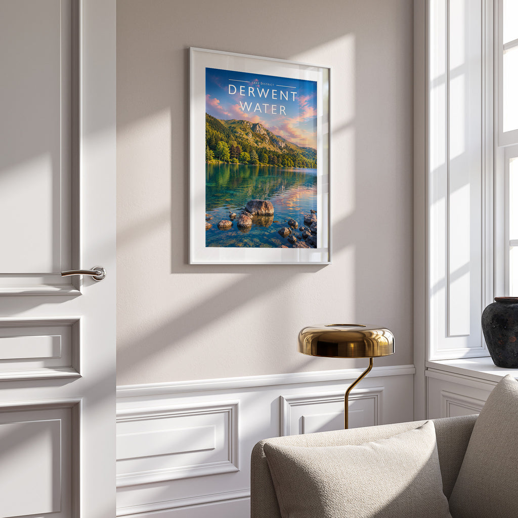 Derwent Water #2 Travel Poster in a white frame on a panelled wall