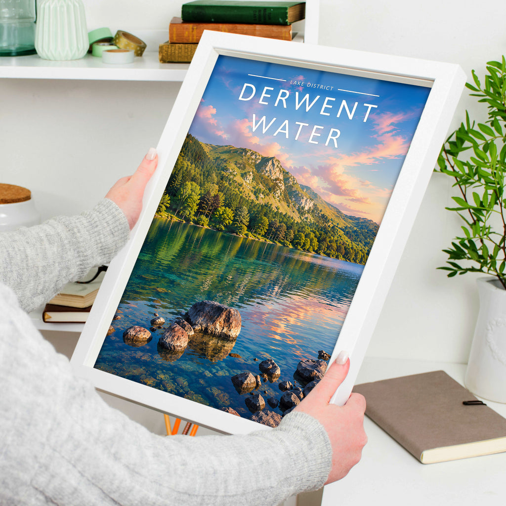 Derwent Water #2 Travel Poster in a white frame, held to show scale