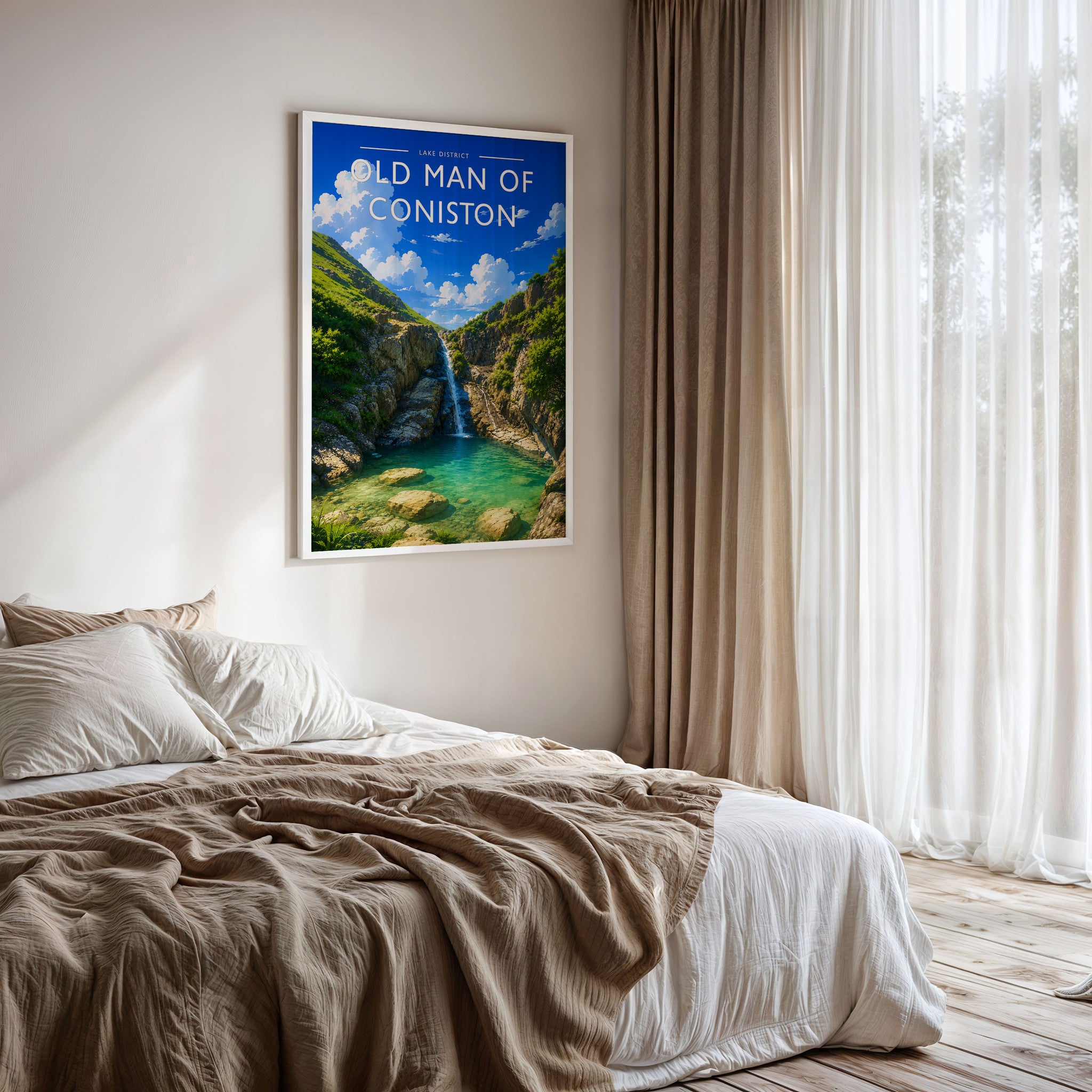 Old Man of Coniston Travel Poster framed on a bedroom wall